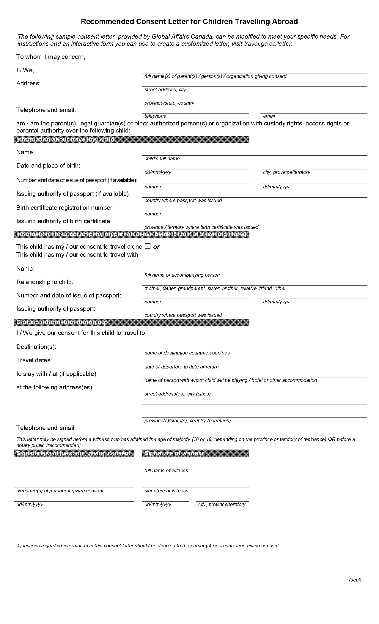 travel consent form for child traveling with one parent