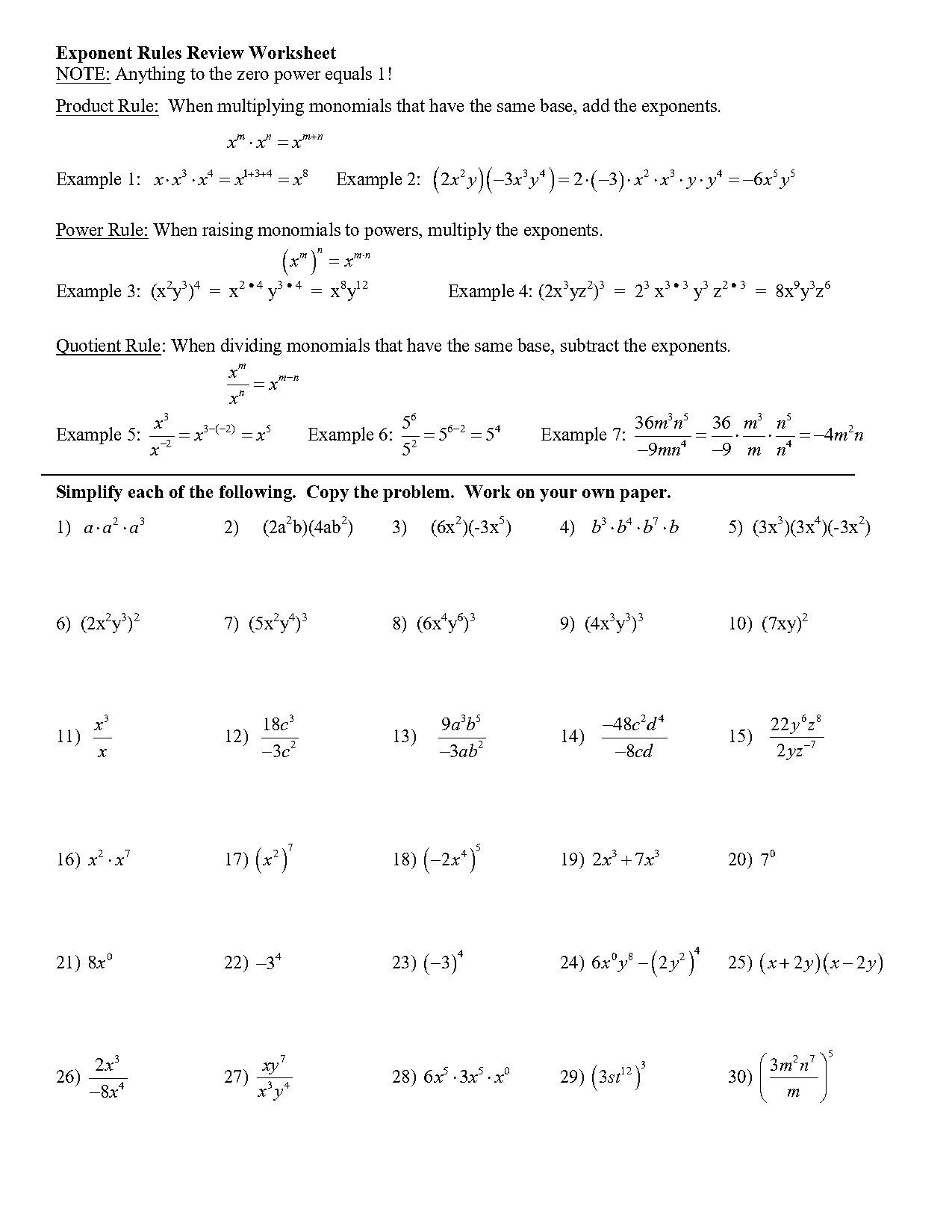 exponent laws practice worksheet product rule power of a power