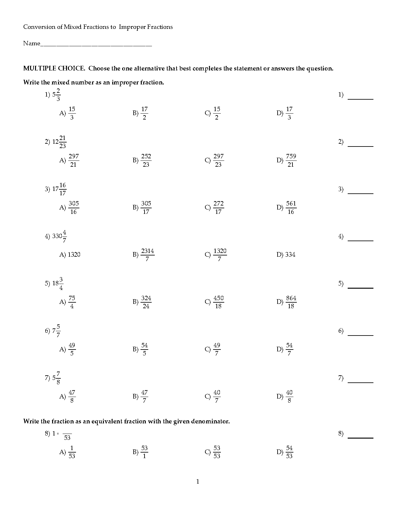 change mixed fraction to improper fraction worksheet