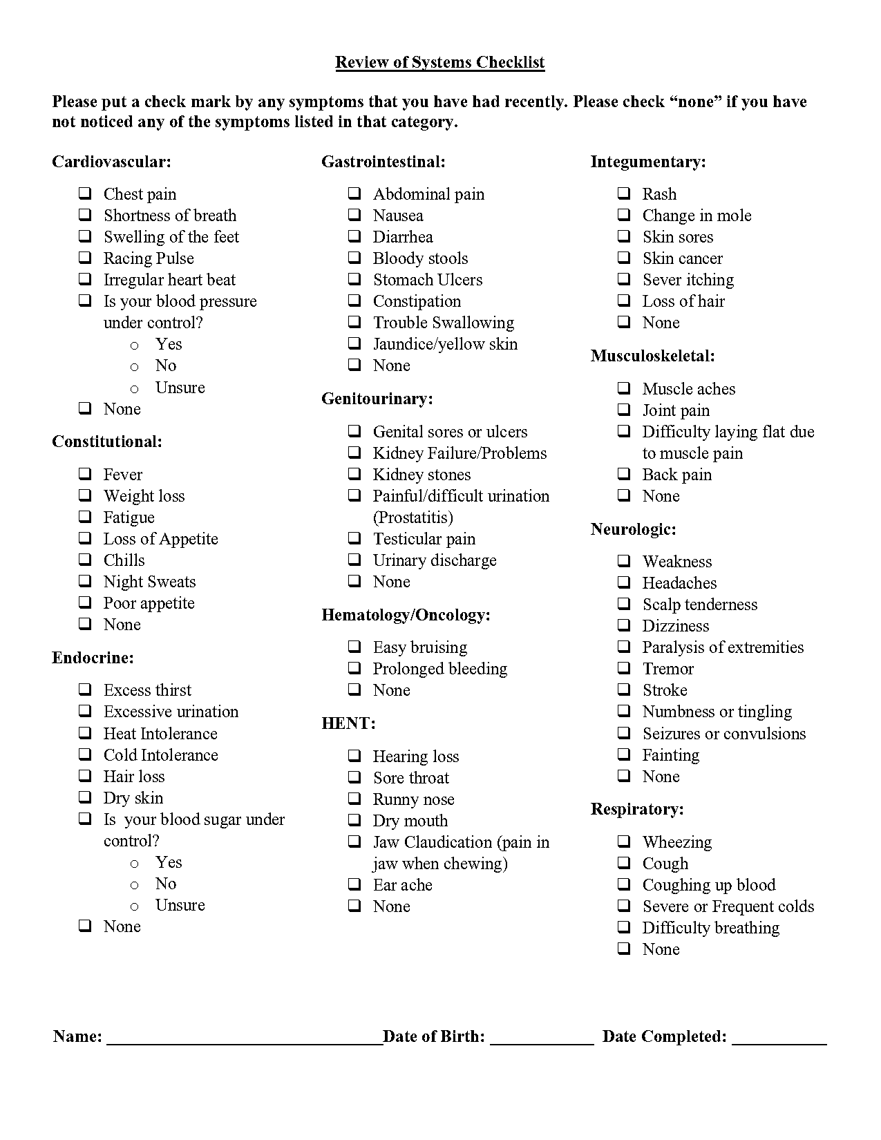 review of systems checklist template