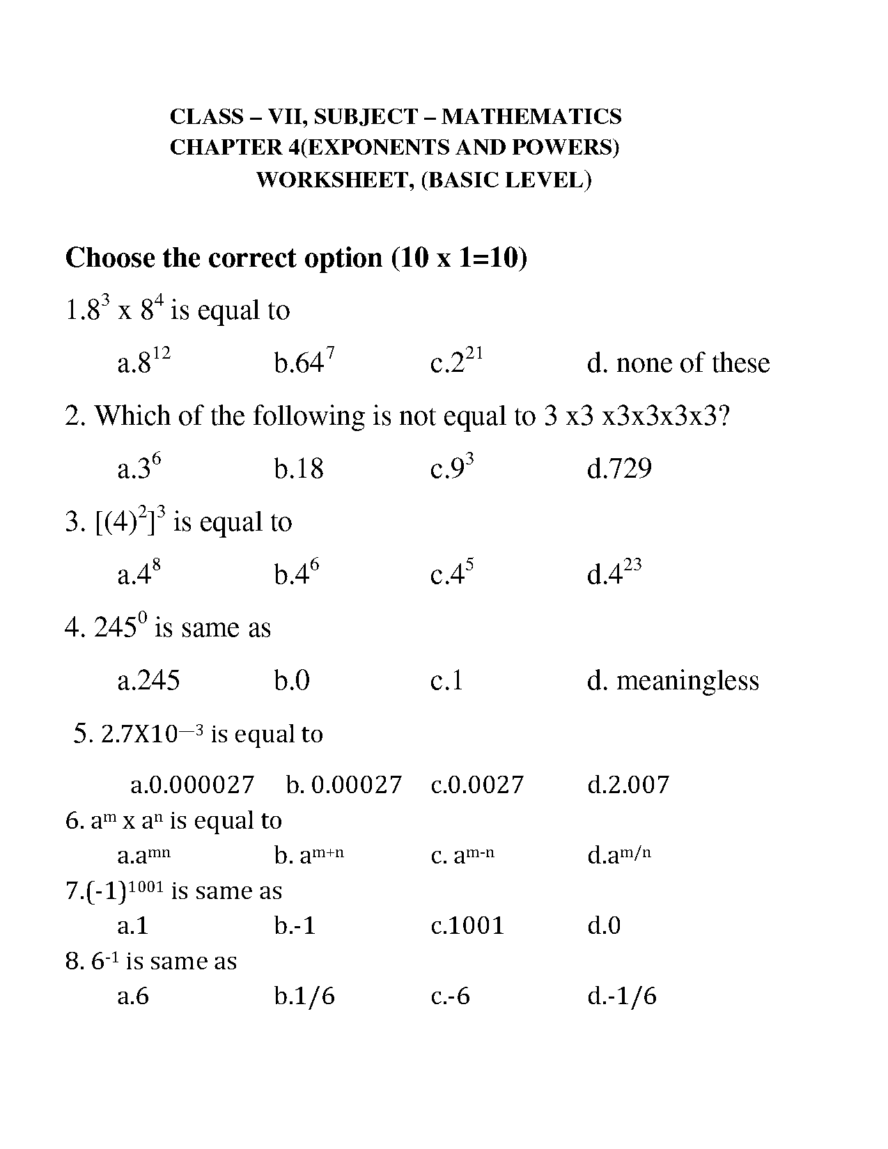 exponents and powers worksheet pdf