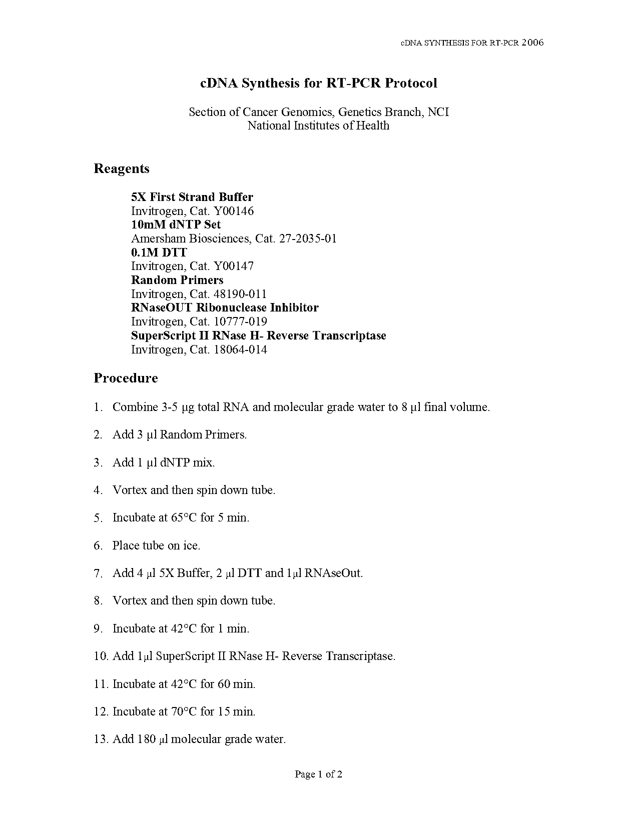 reverse transcription invitrogen protocol