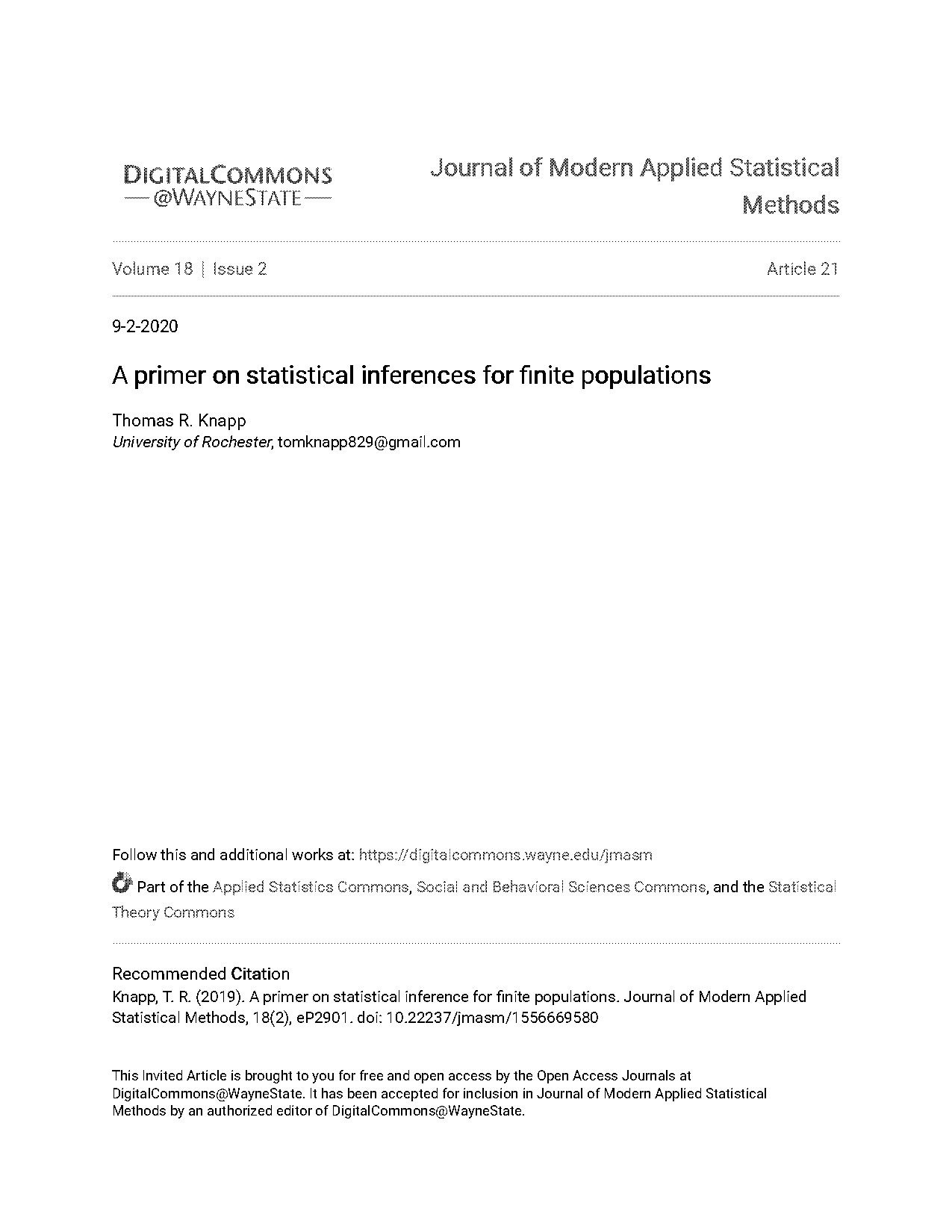 z formula for sample means of a finite population