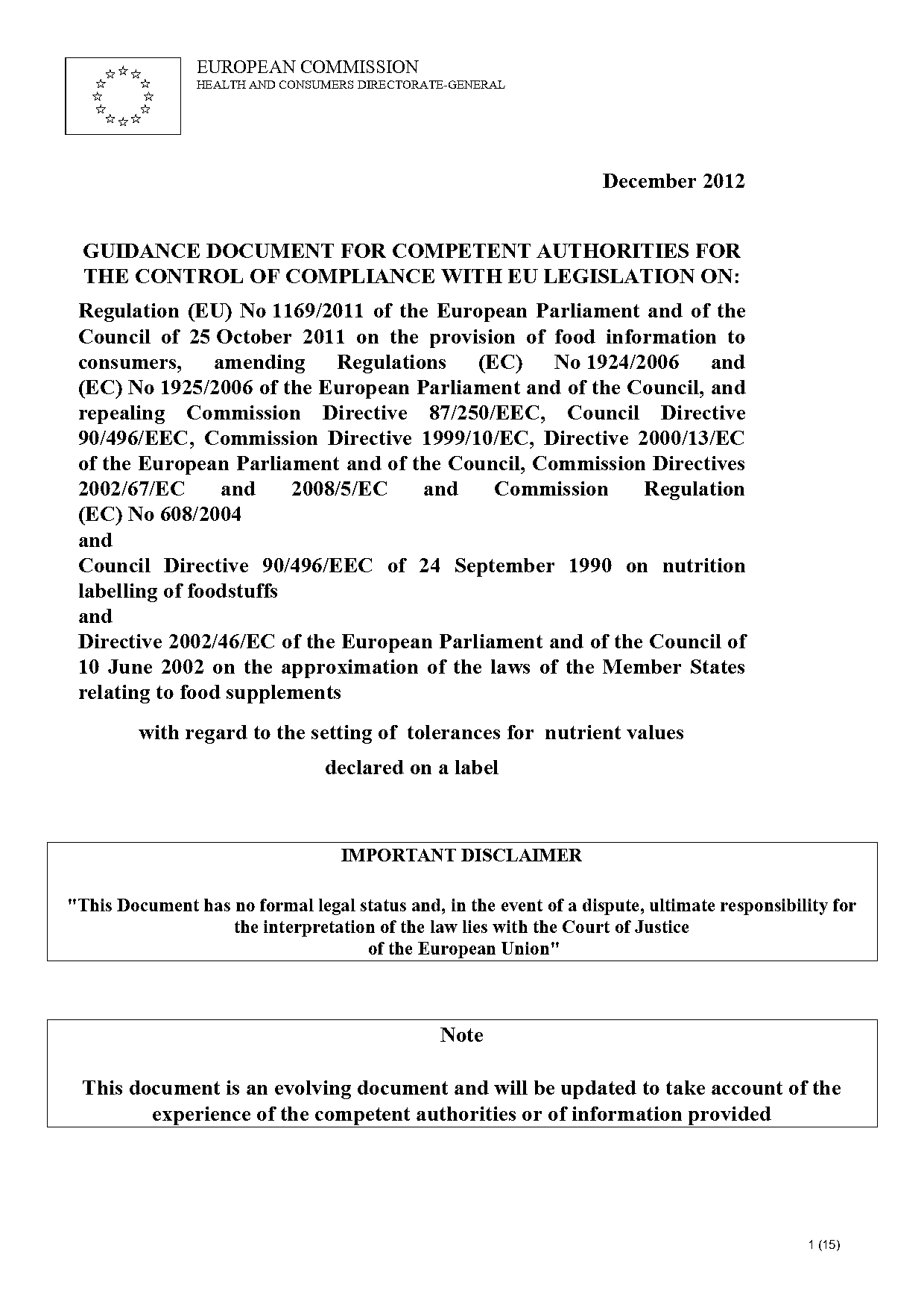 eu guidance document tolerances