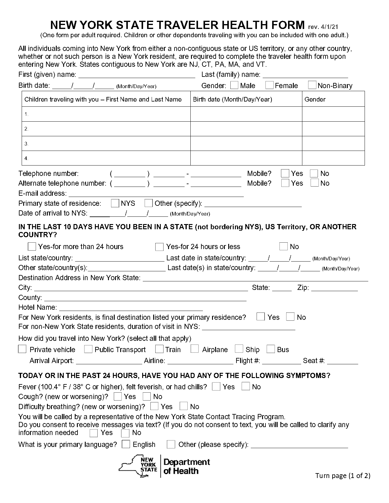 ny health traveler form