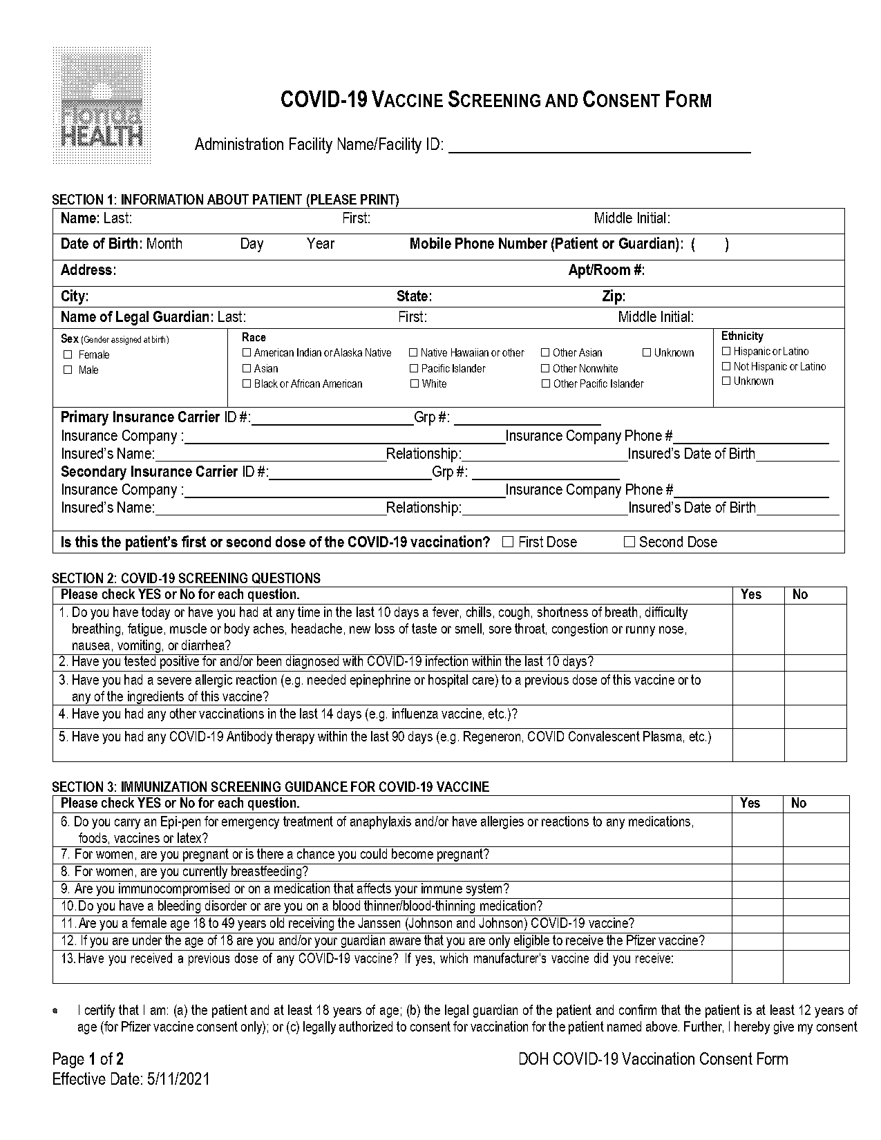 covid vaccine screening and consent form