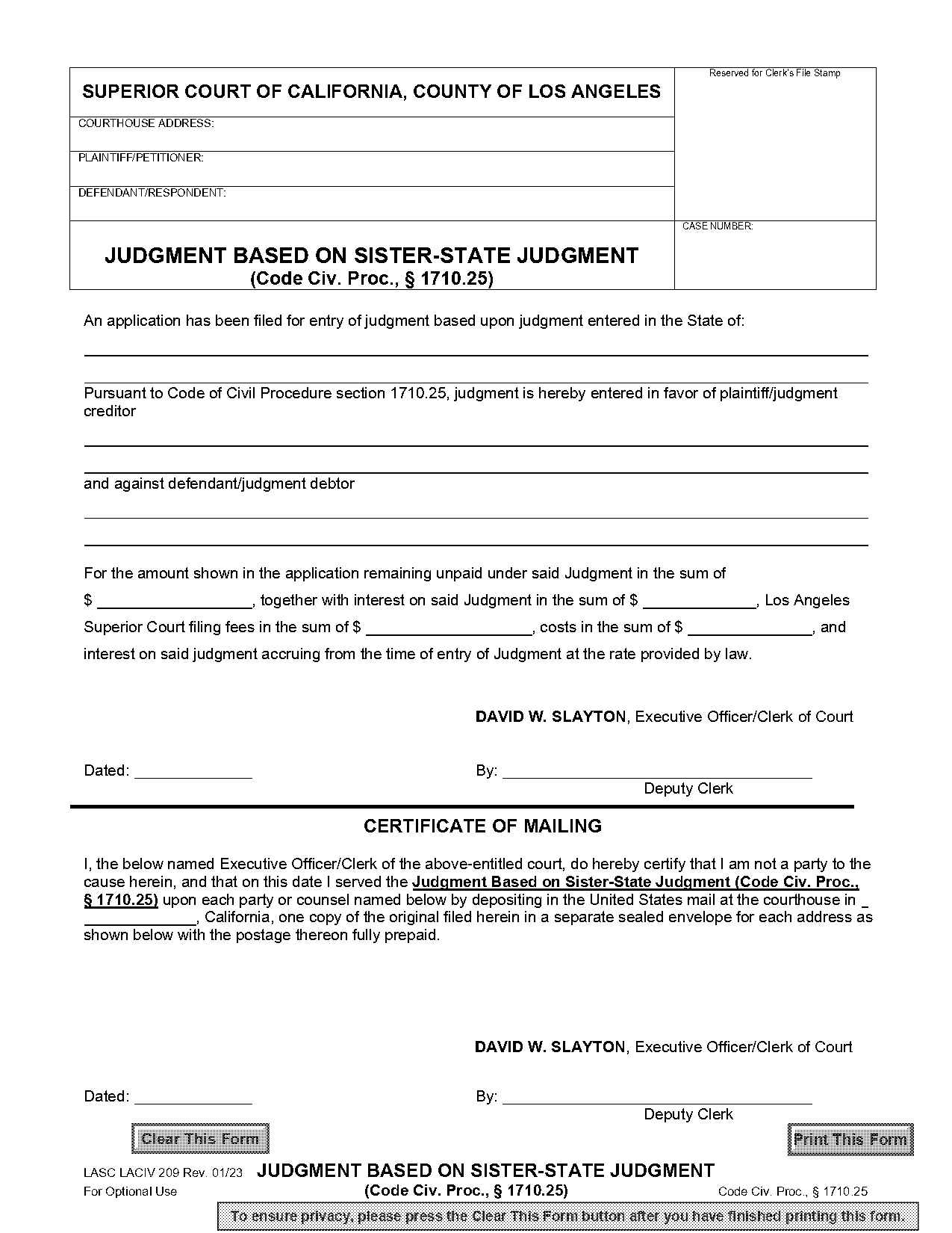 application for sister state judgment california