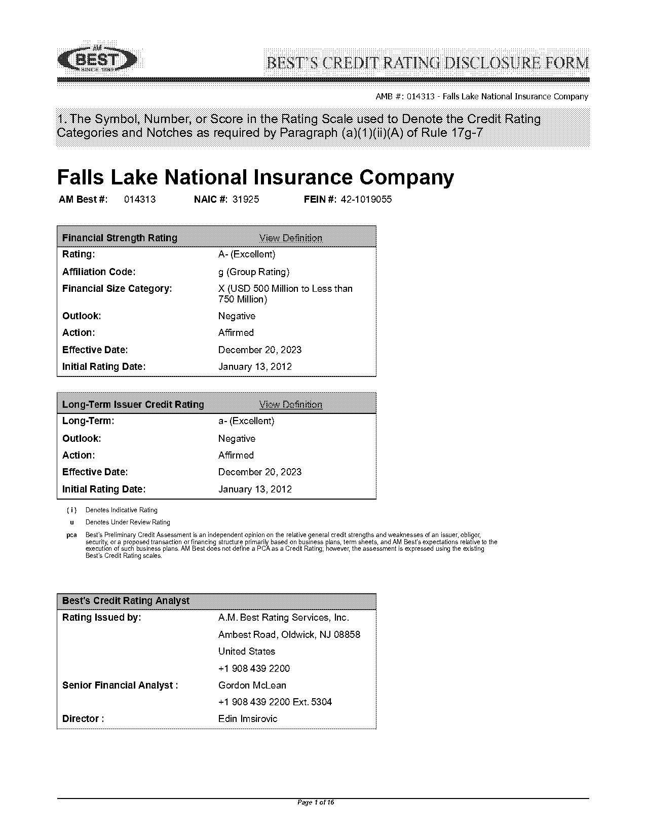 naic number for falls lake national insurance co