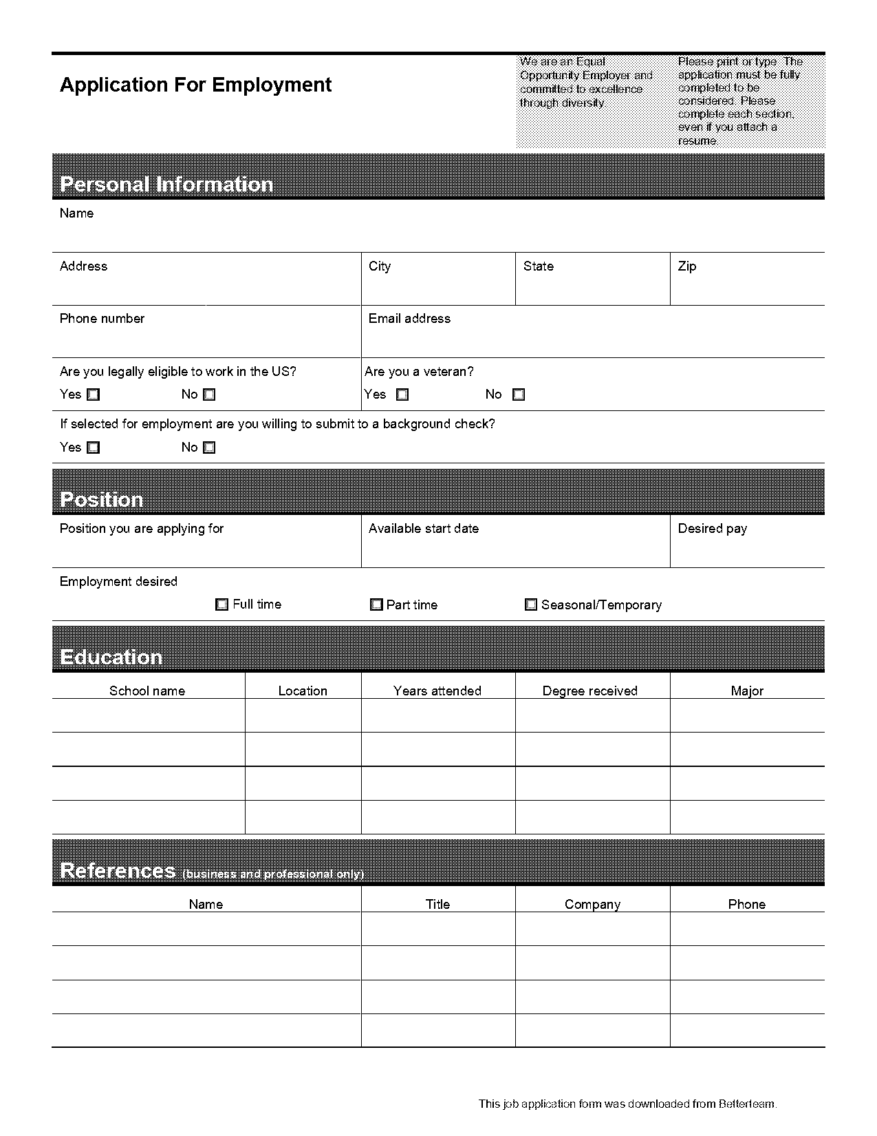 free employment application template