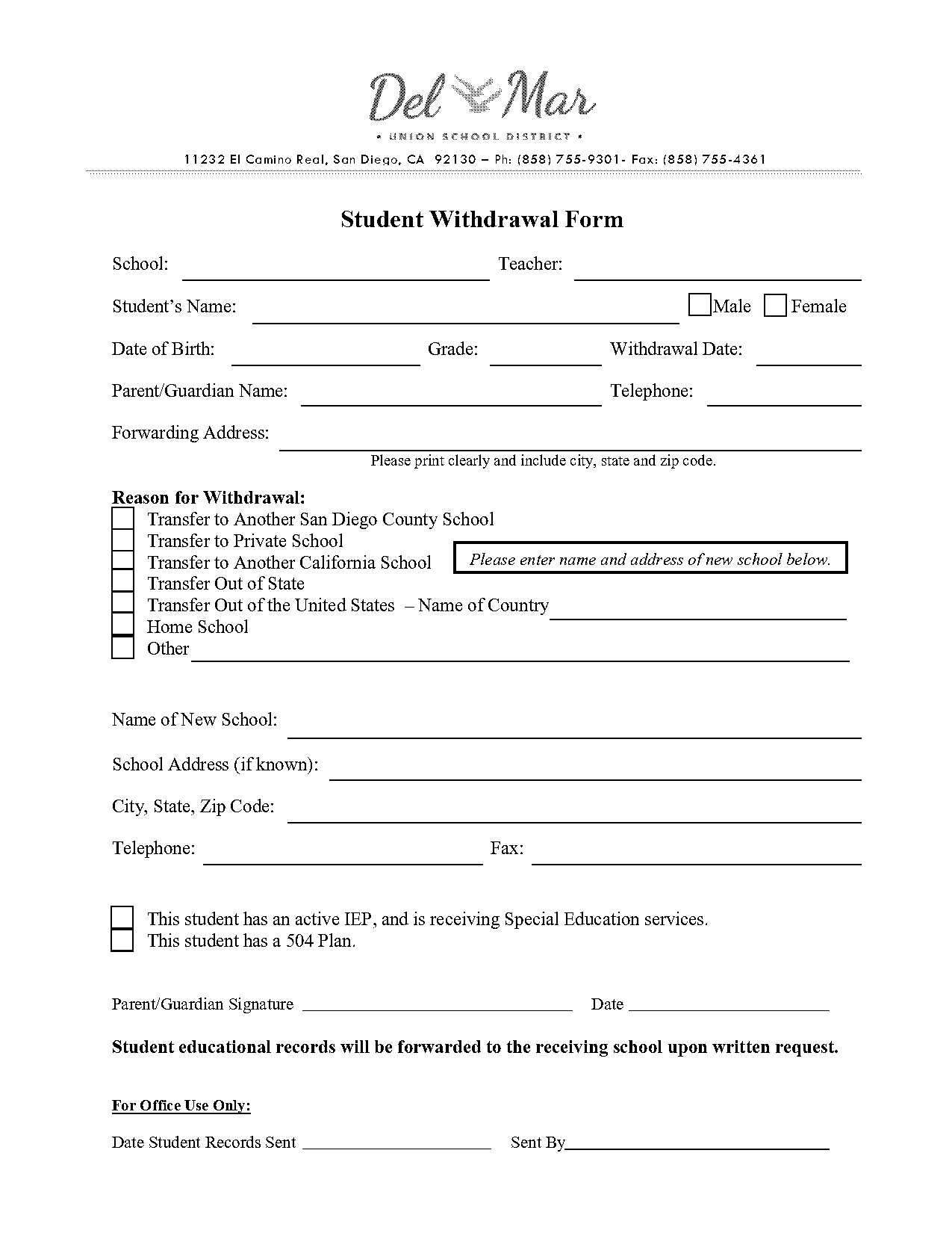 withdrawal form from high school