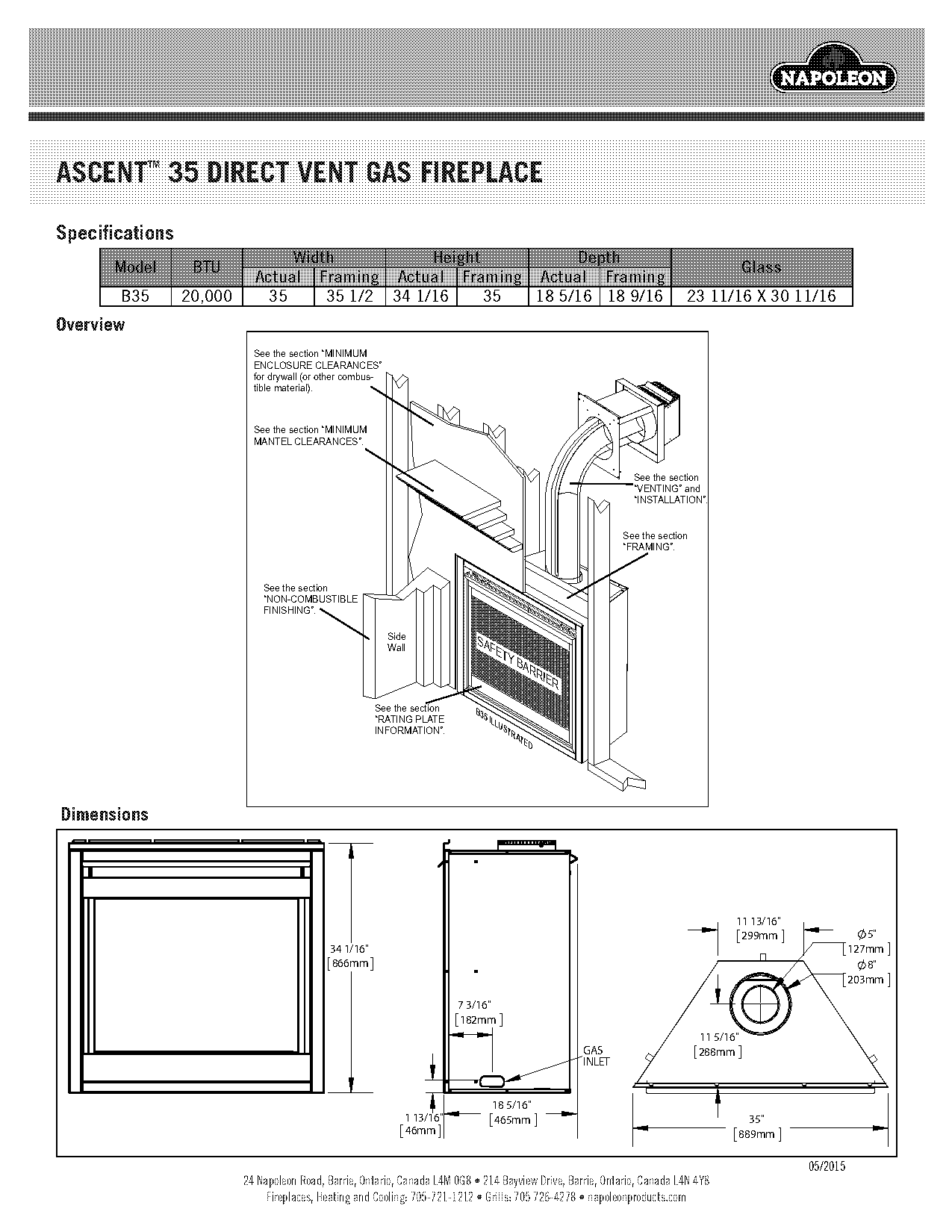 direct vent gas fireplace dimensions