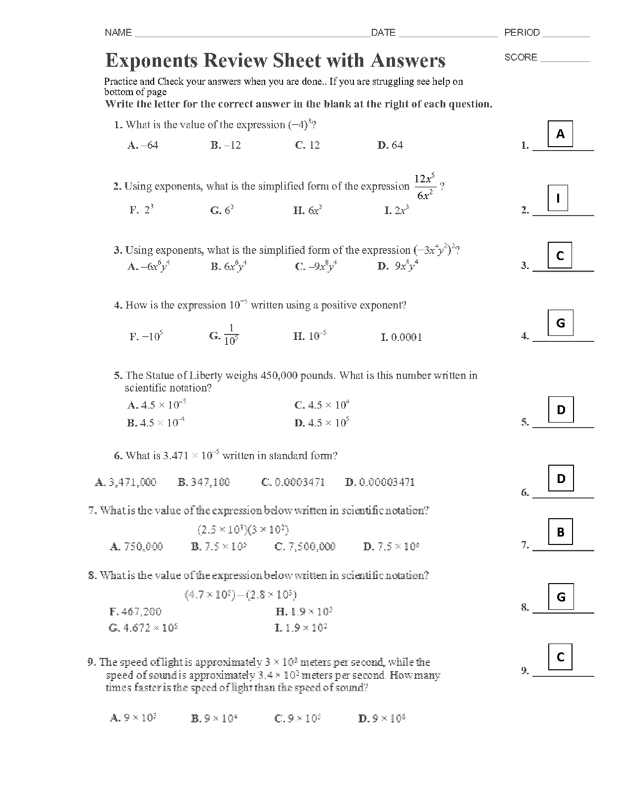 exponents review worksheet answers