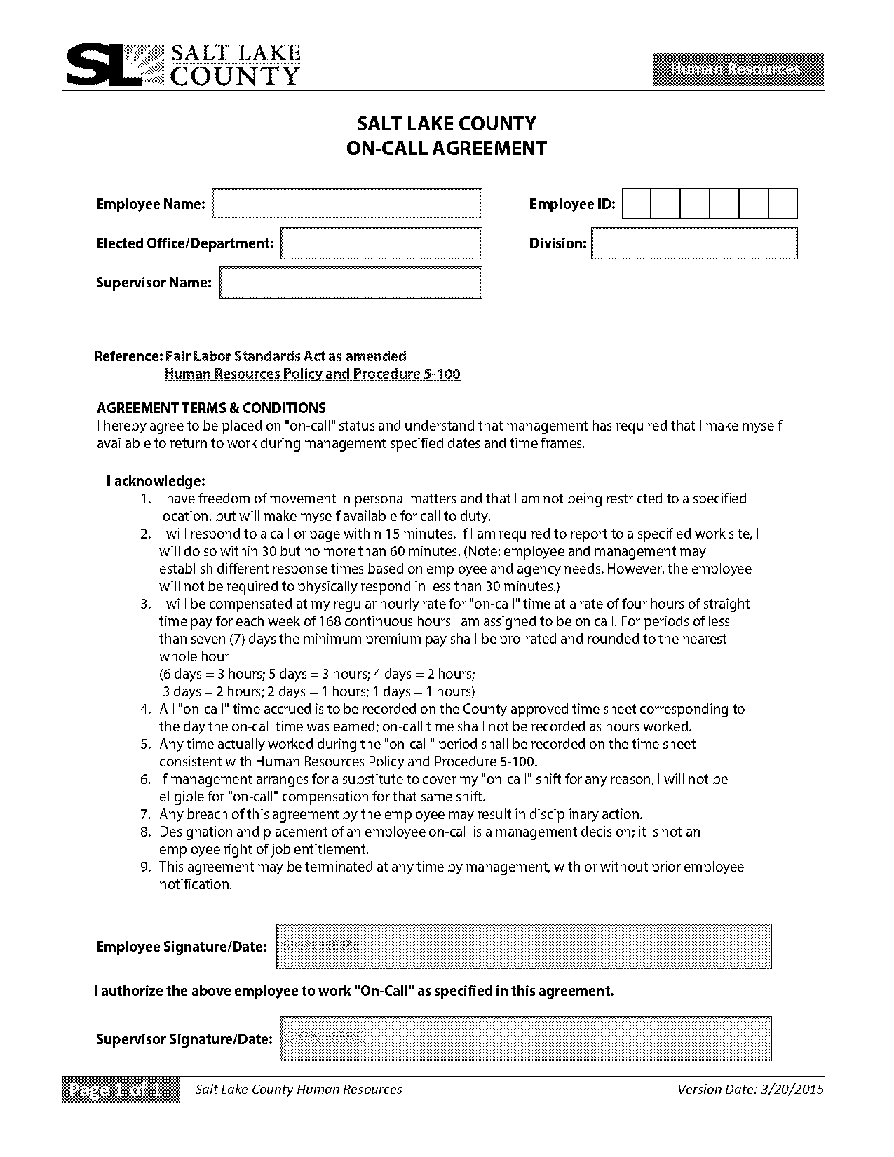 employee on call agreement template