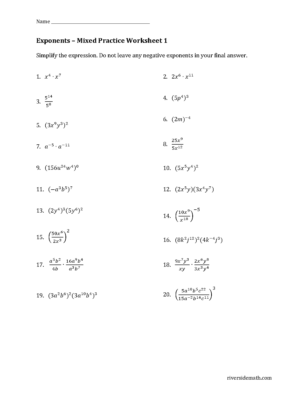 exponents review worksheet answers