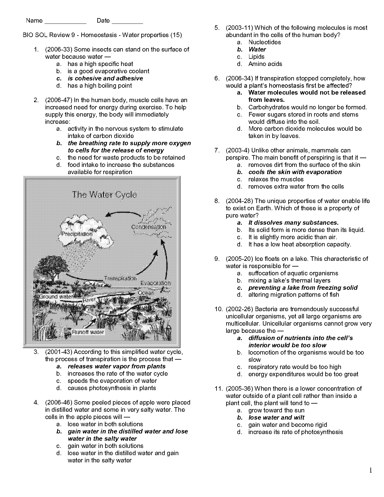 properties of water quiz answer key