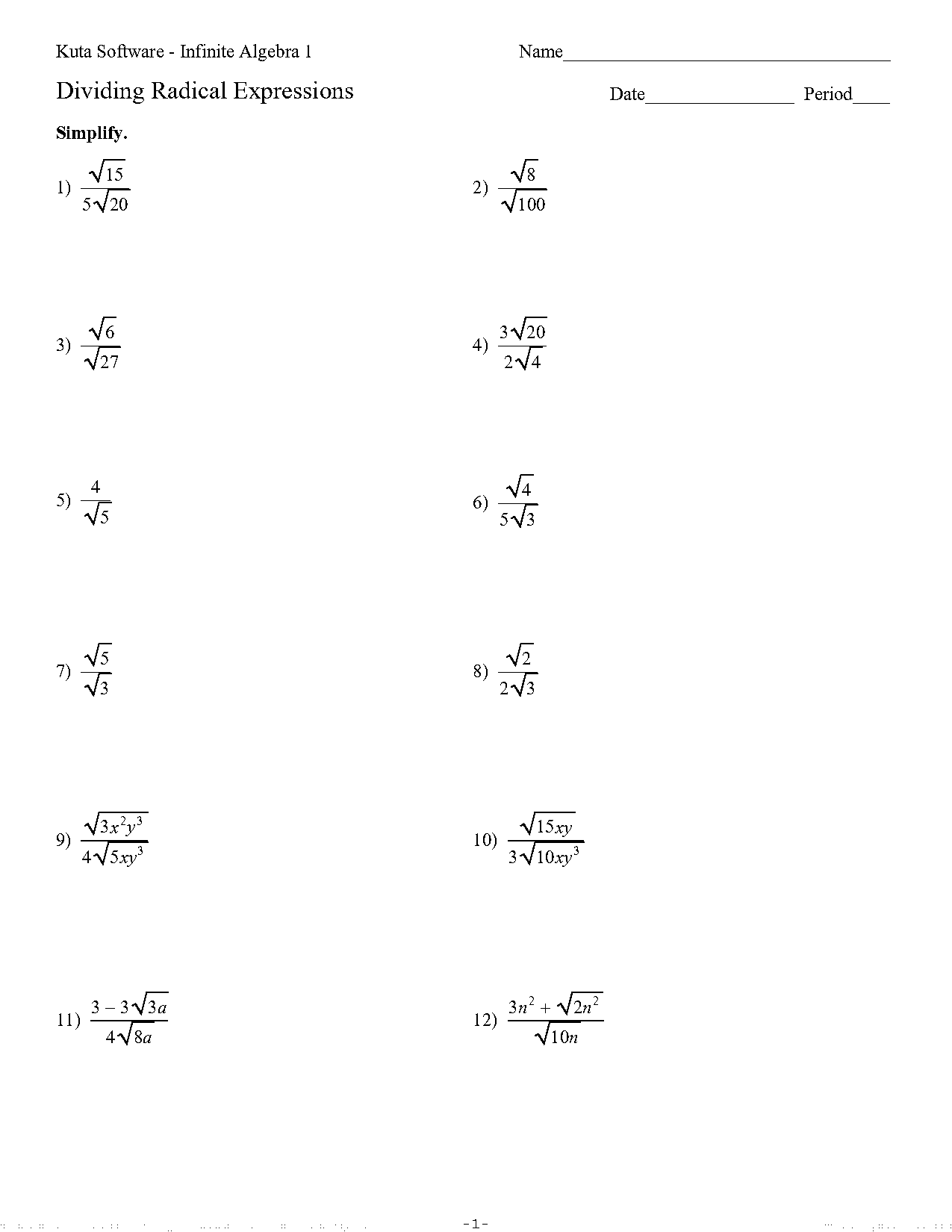 simplifying radicals fractions worksheet kuta