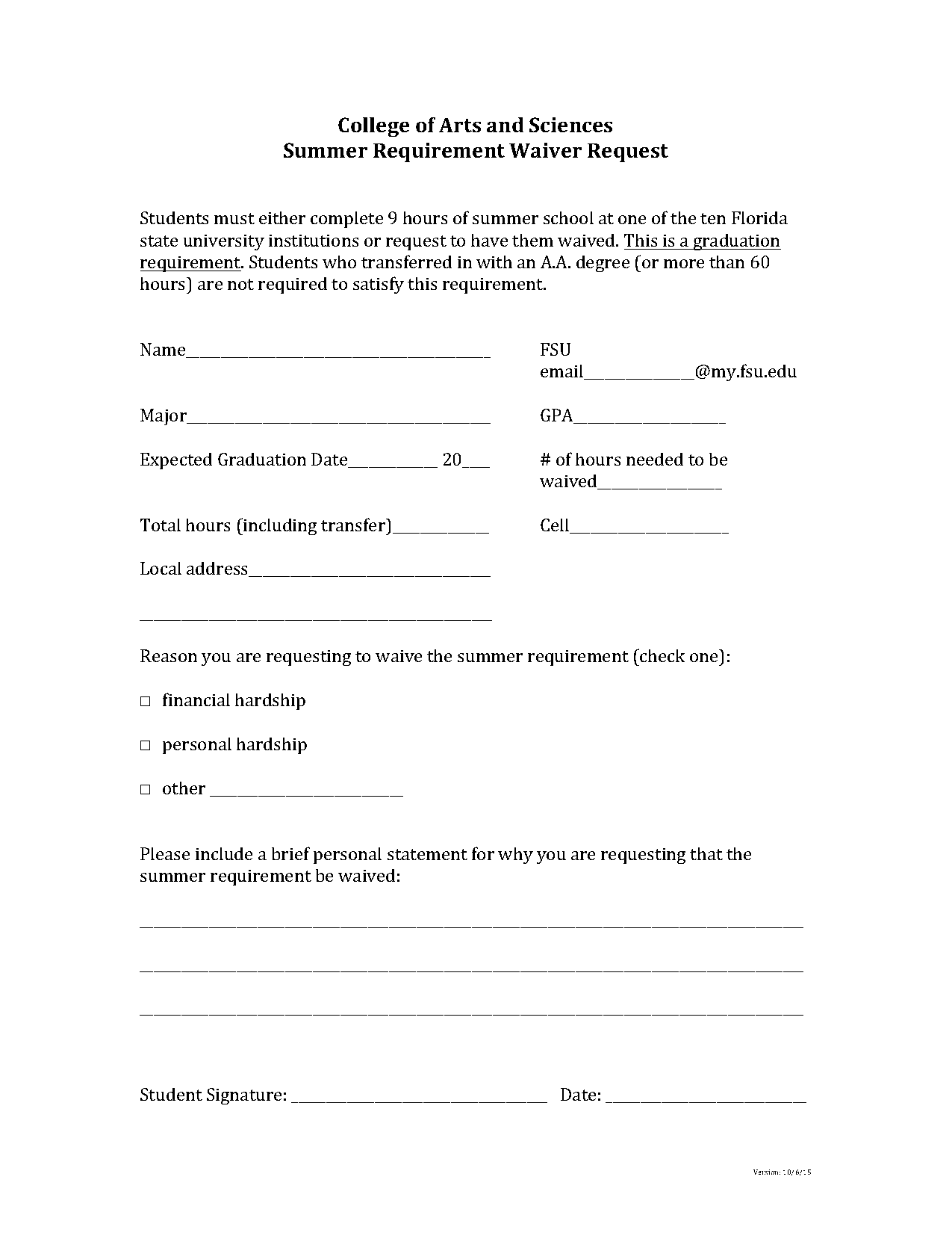 fsu summer requirement waiver