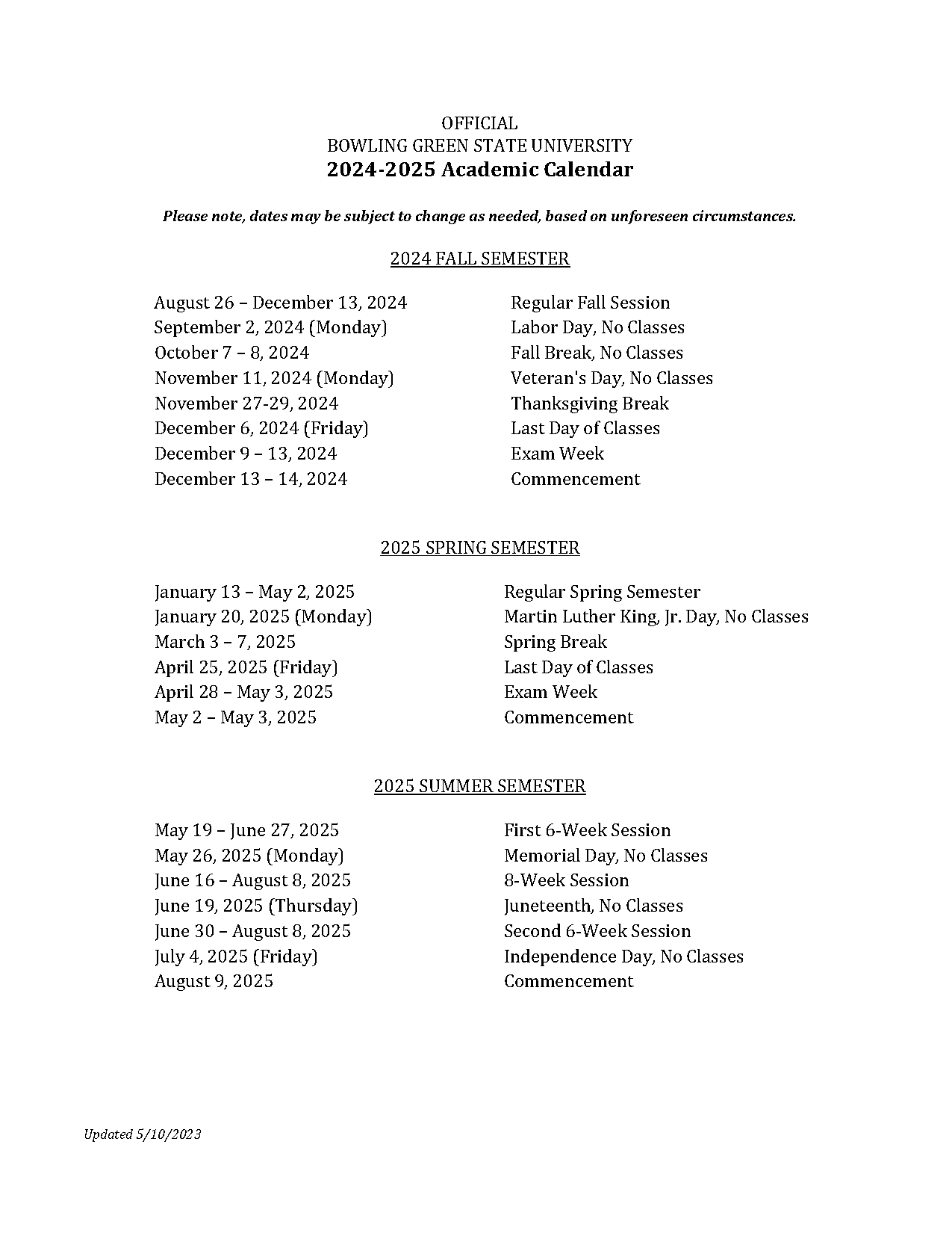 bgsu exam schedule spring