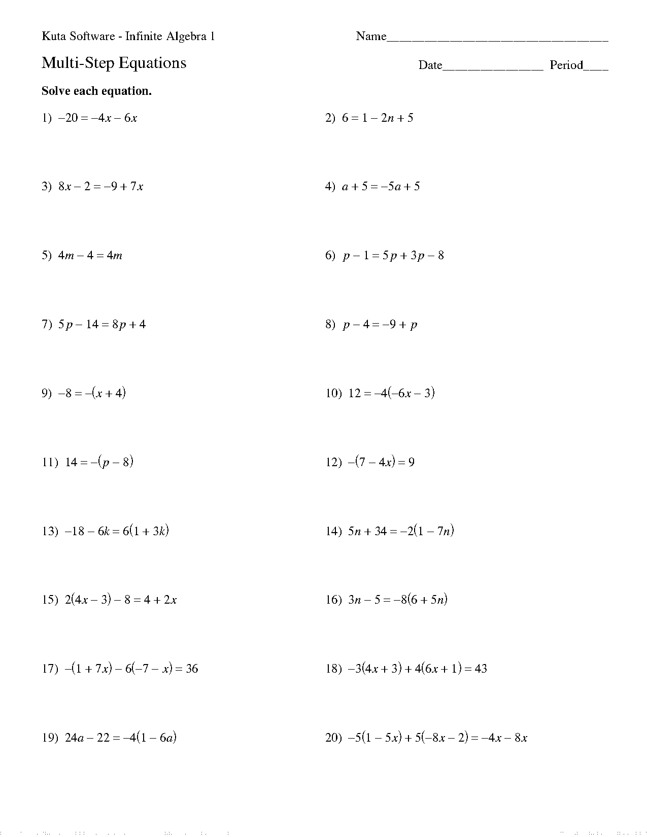 solving equation problems with variables on both sides worksheet