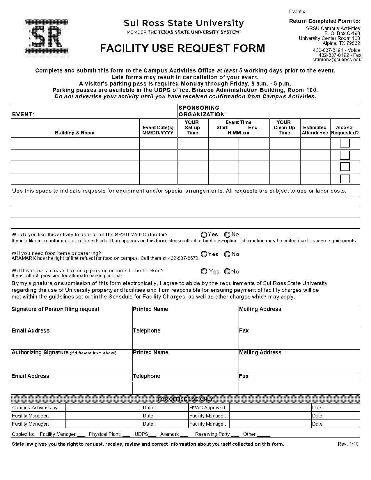 forms used for facility charges