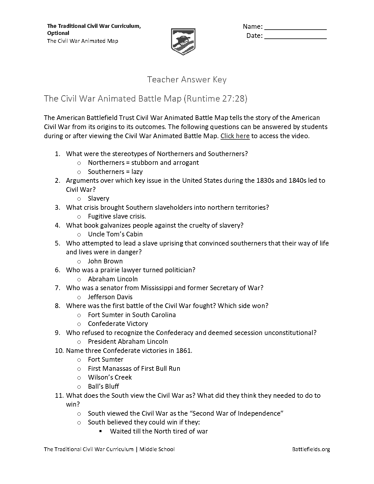 civil war high school worksheet wuestions