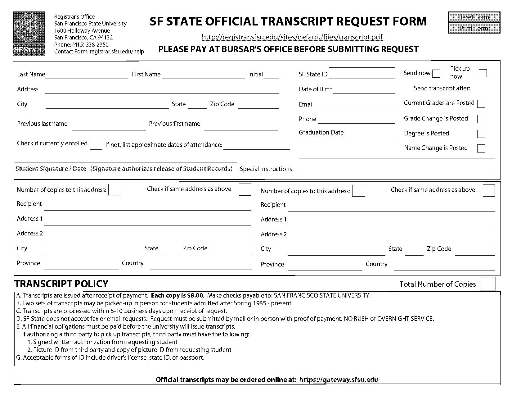 san francisco state university official transcript ordering