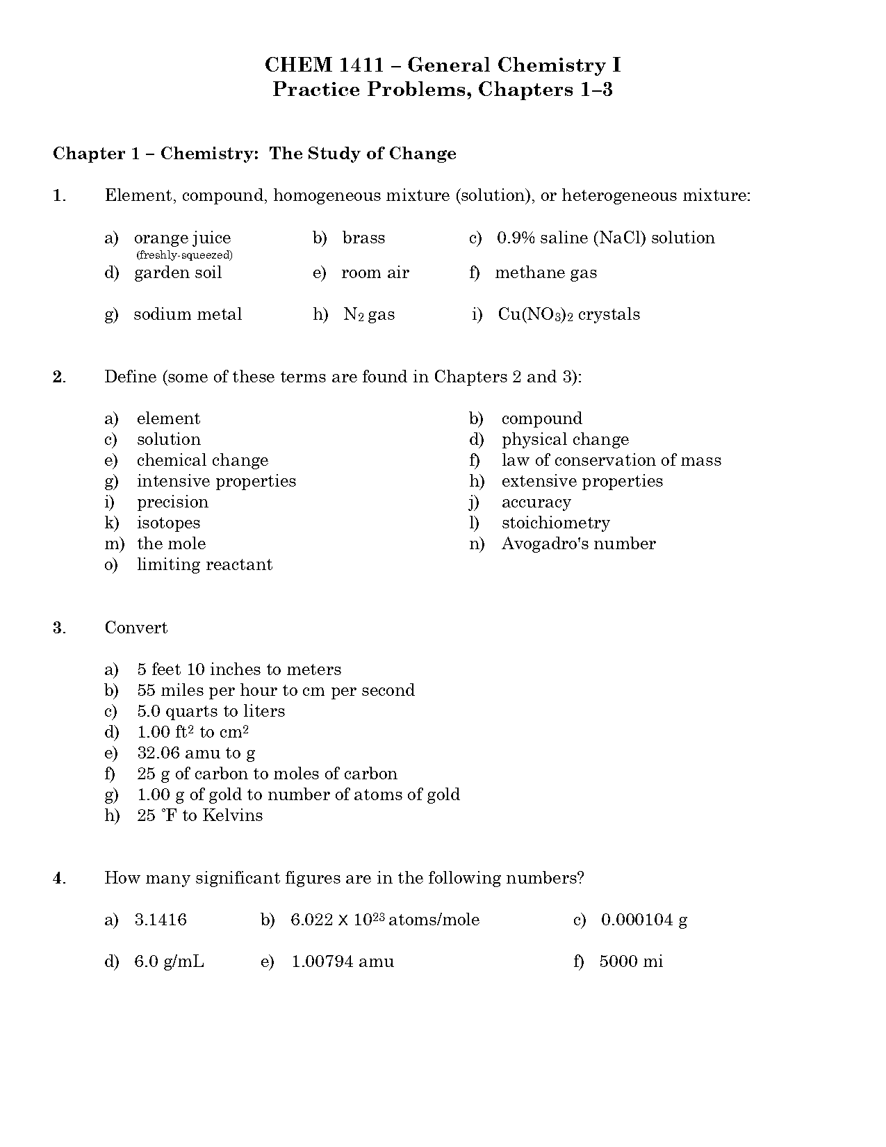 gen chemistry sample questions