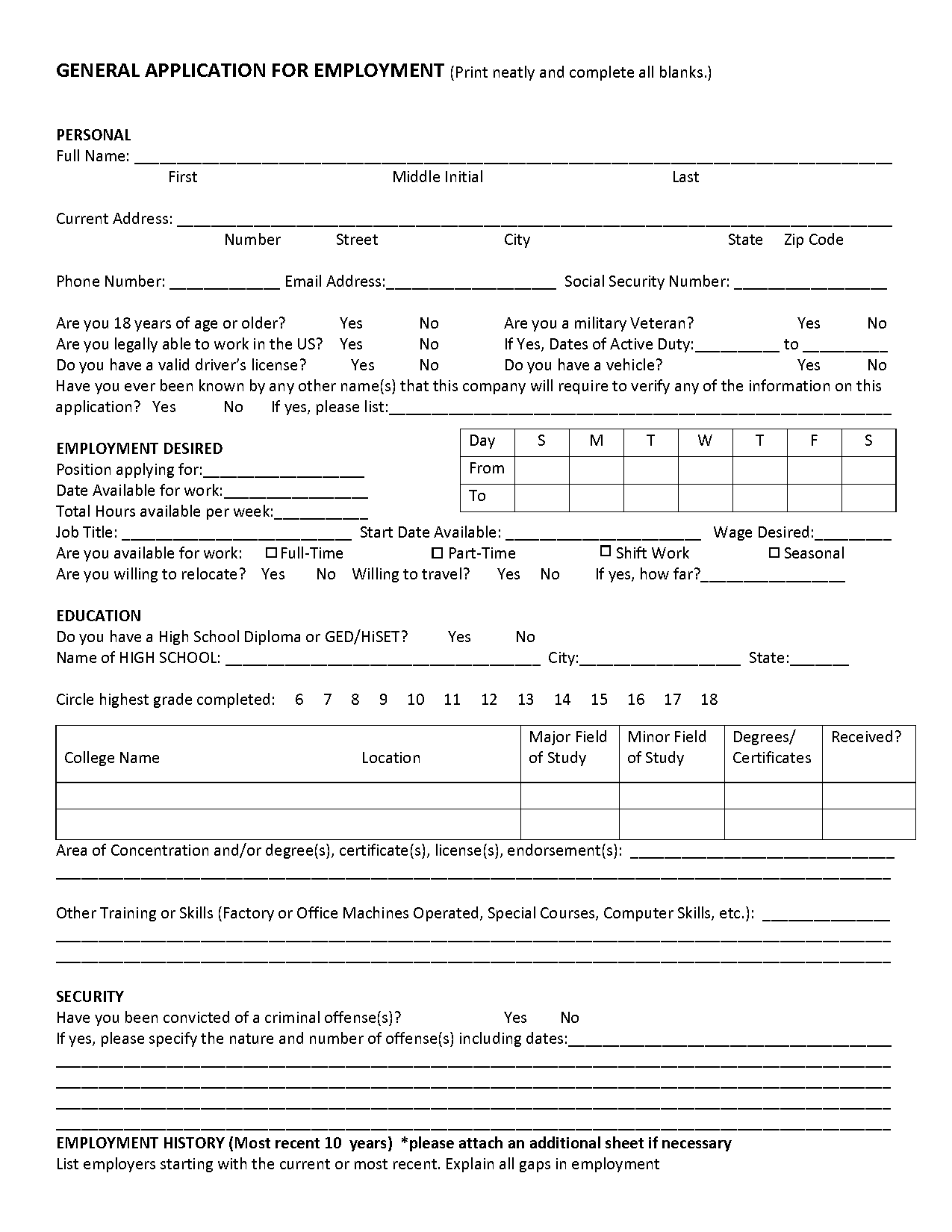 sample blank job application