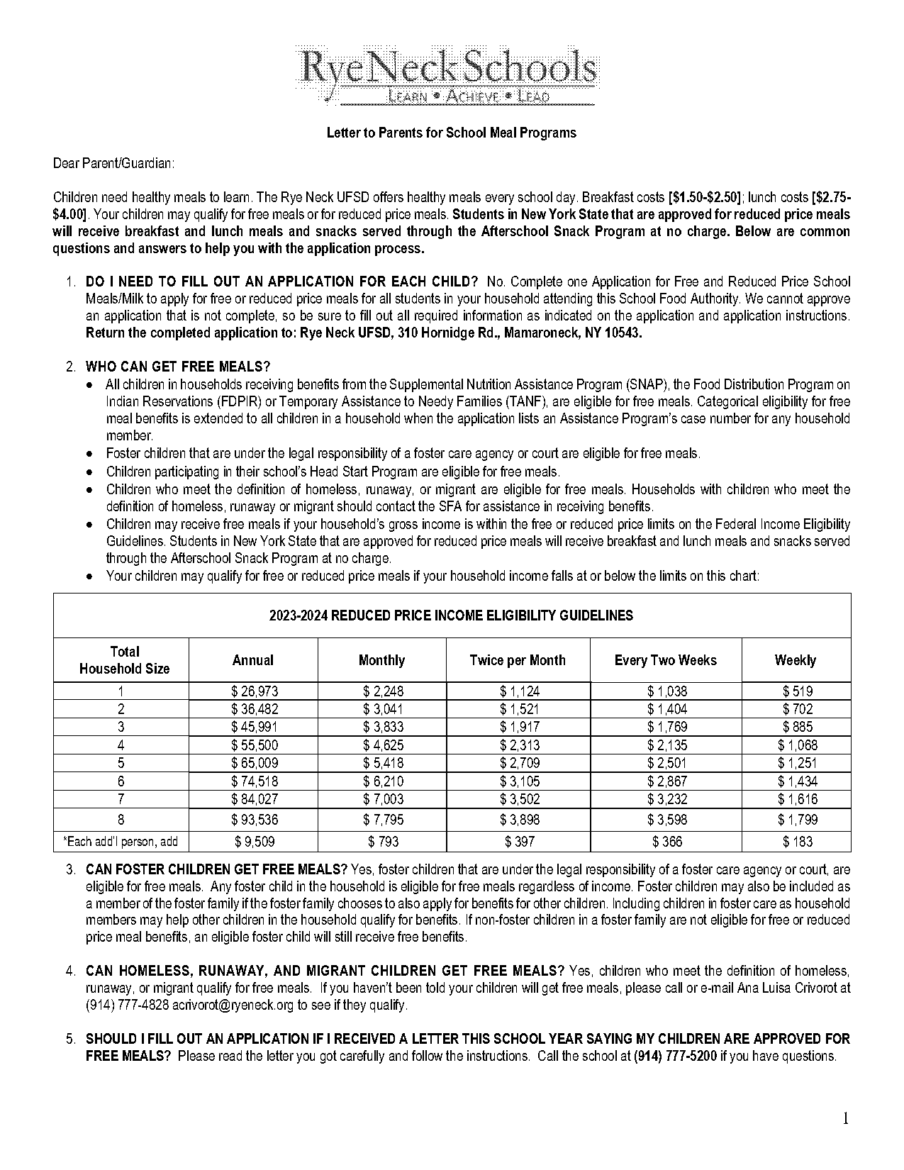 free school meals letter to parents