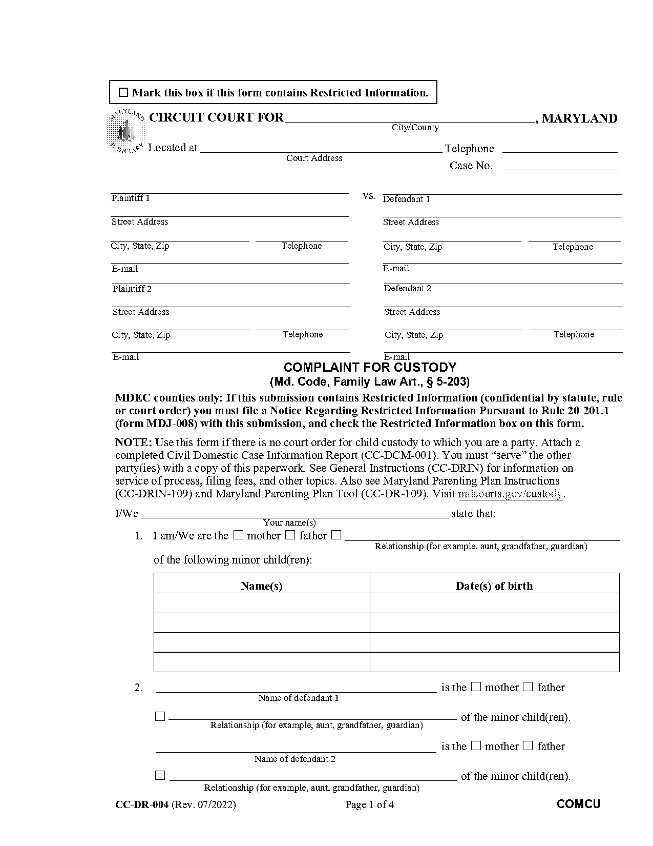 sample letter forms for custody petition