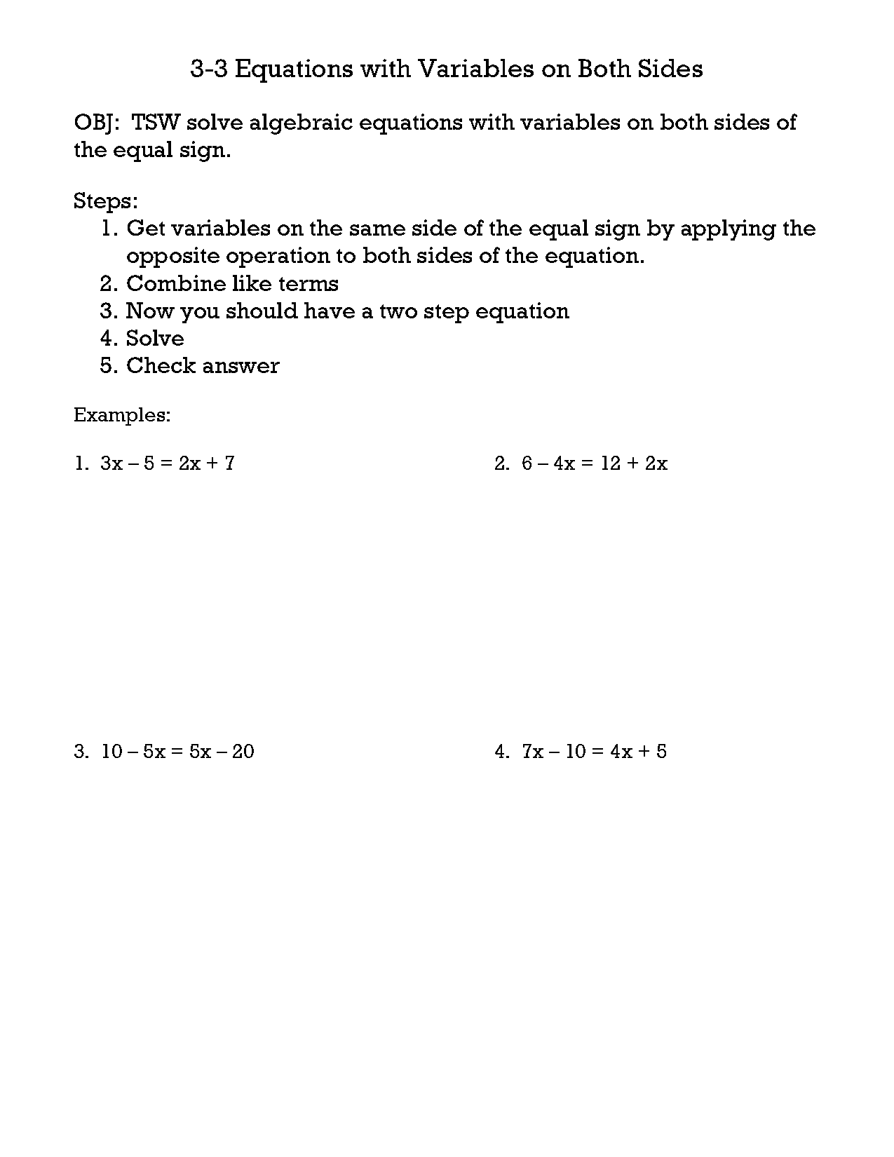 solving equation problems with variables on both sides worksheet