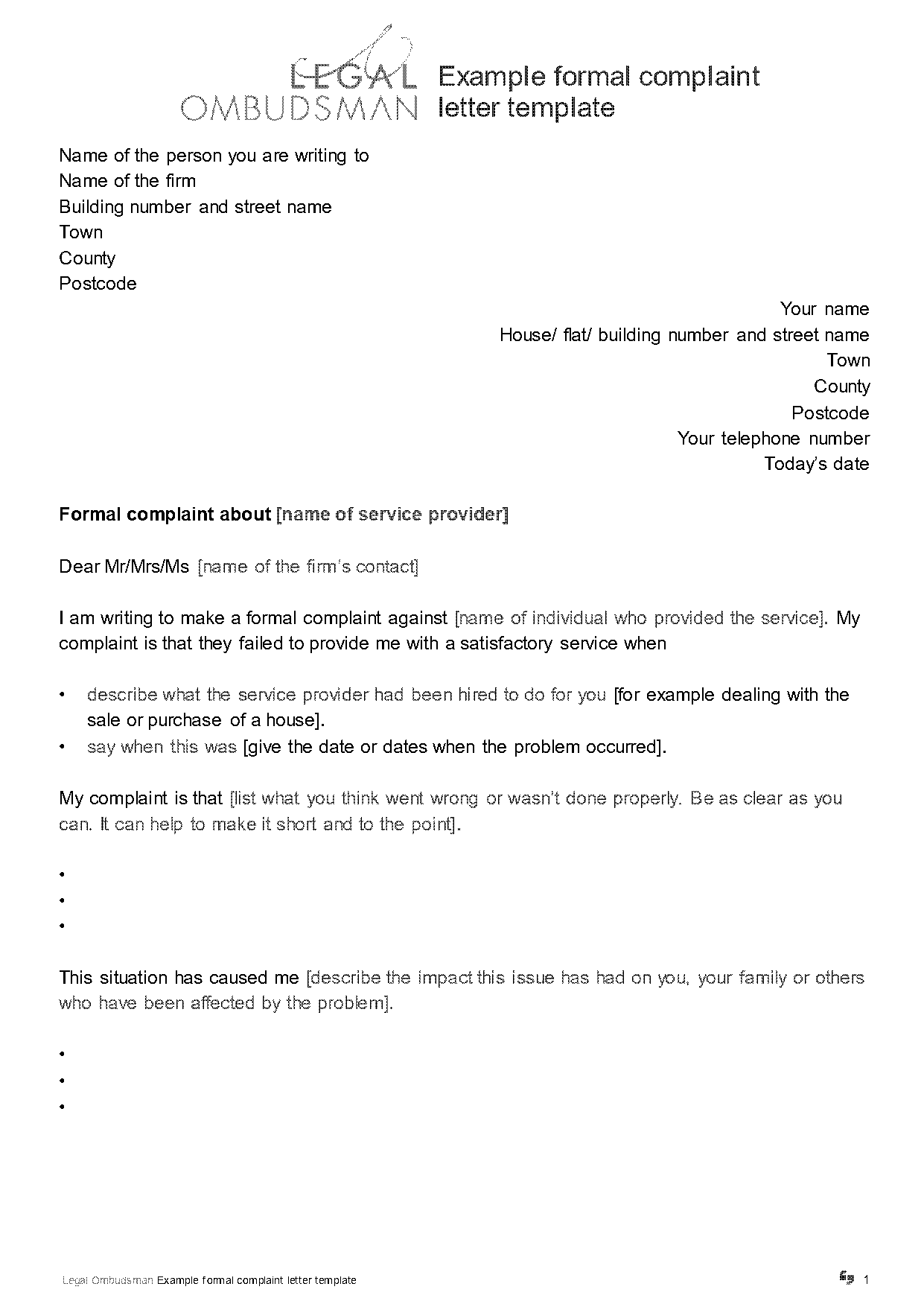 complaint letter to bank