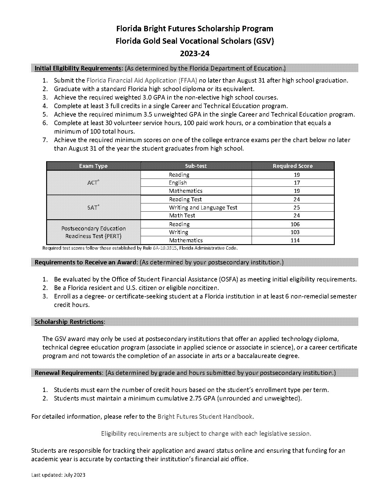 act scores for florida bright futures