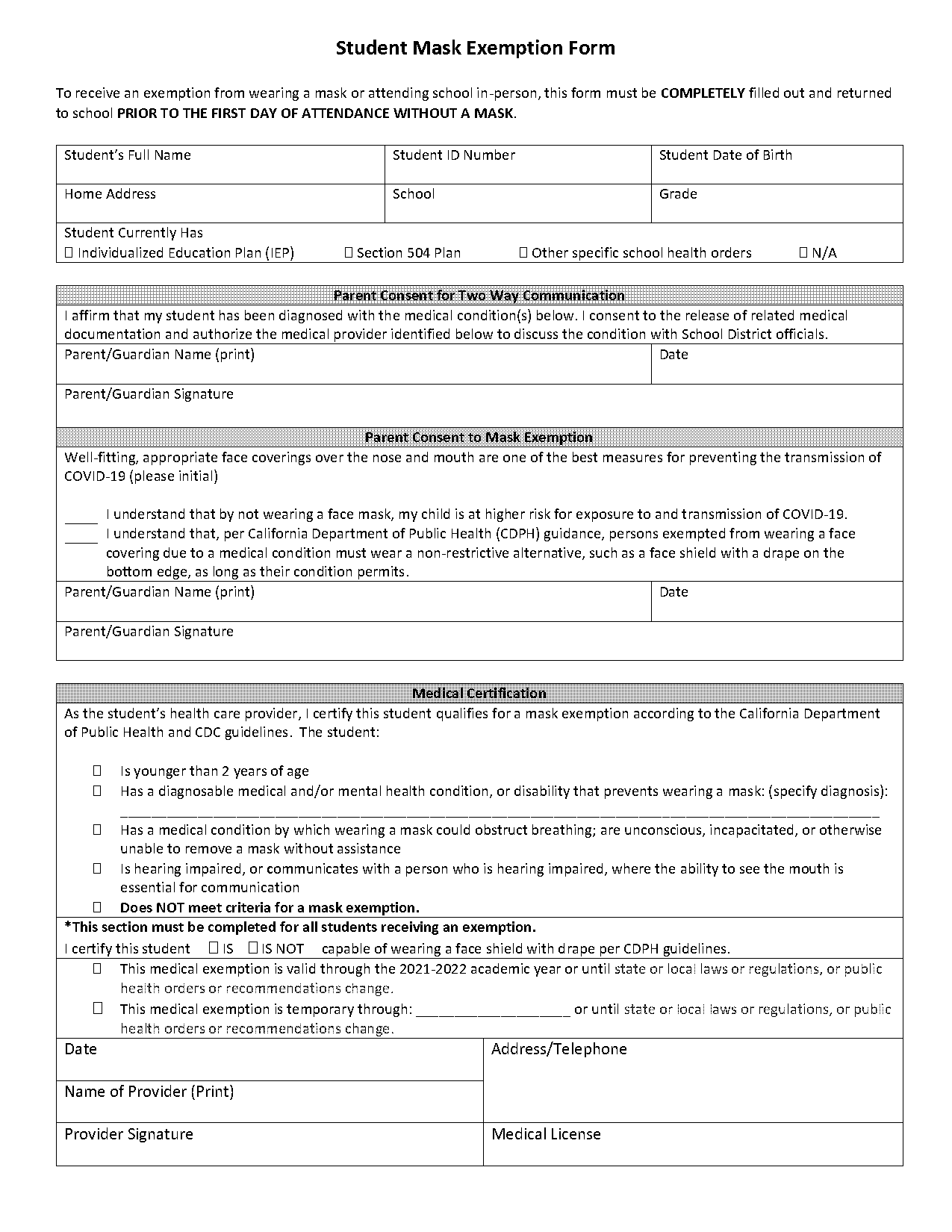 mask exemption form for school