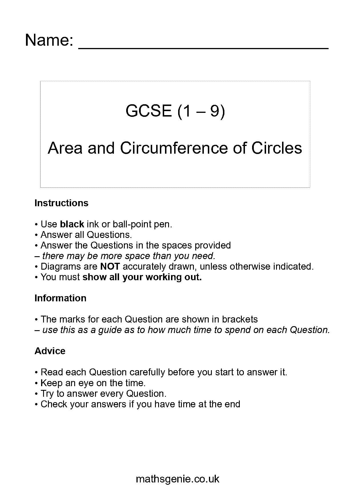 finding area and circumference of a circle worksheet pdf