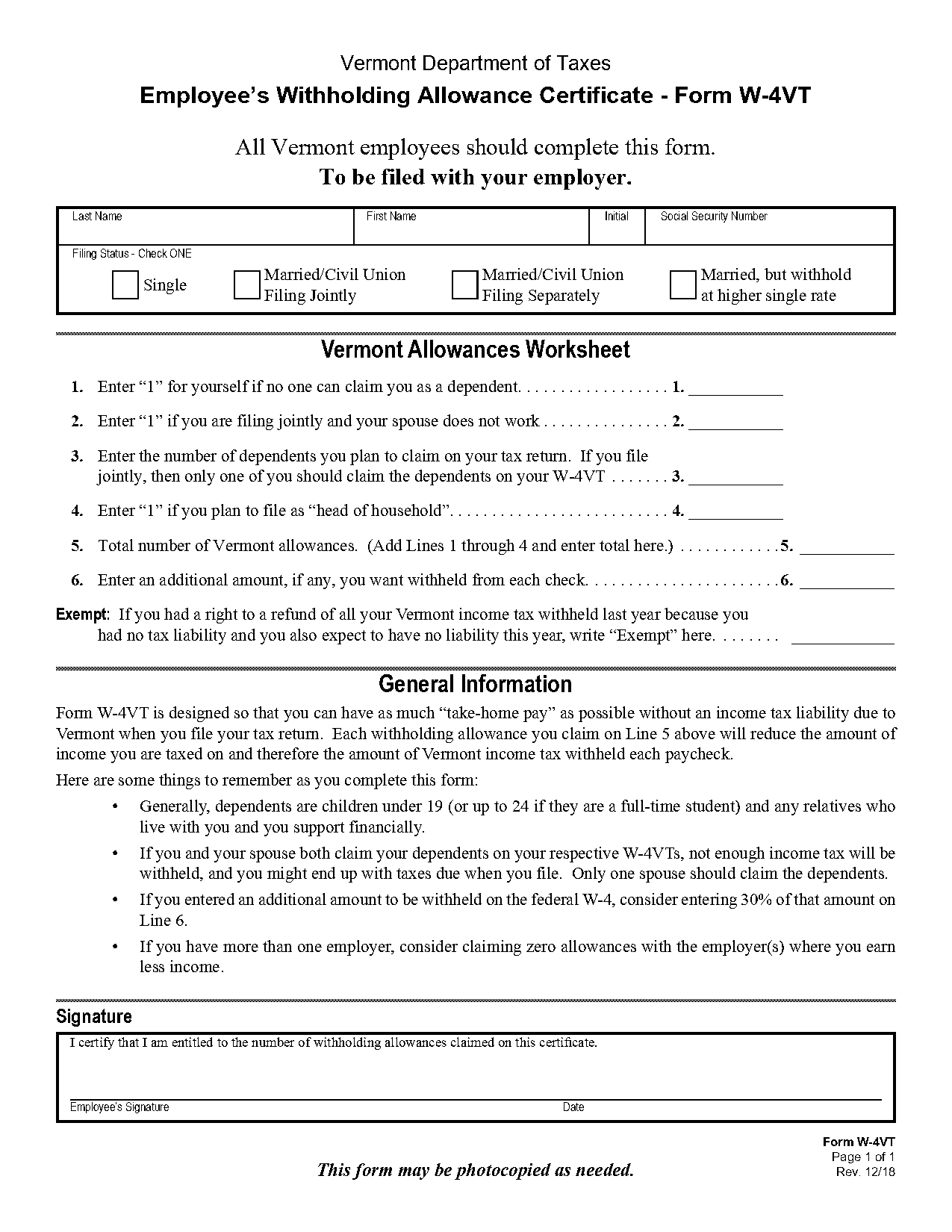 union back vt tax document