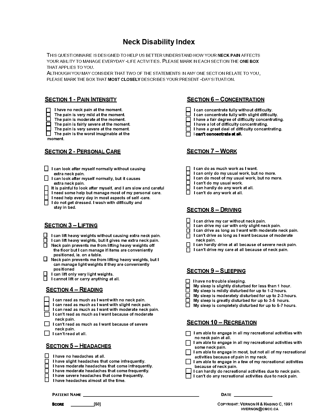 neck pain and disability index questionnaire