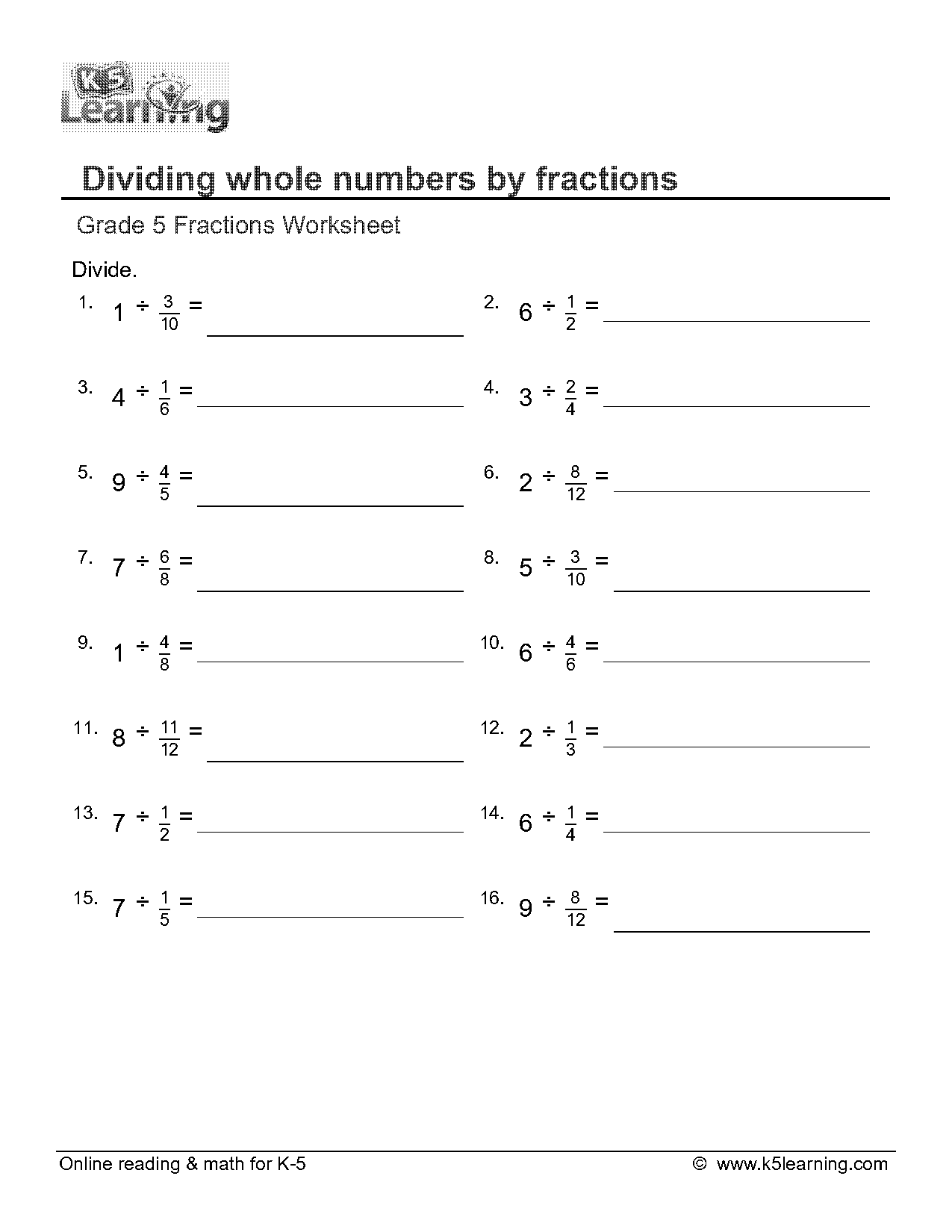 divide by fractions worksheet