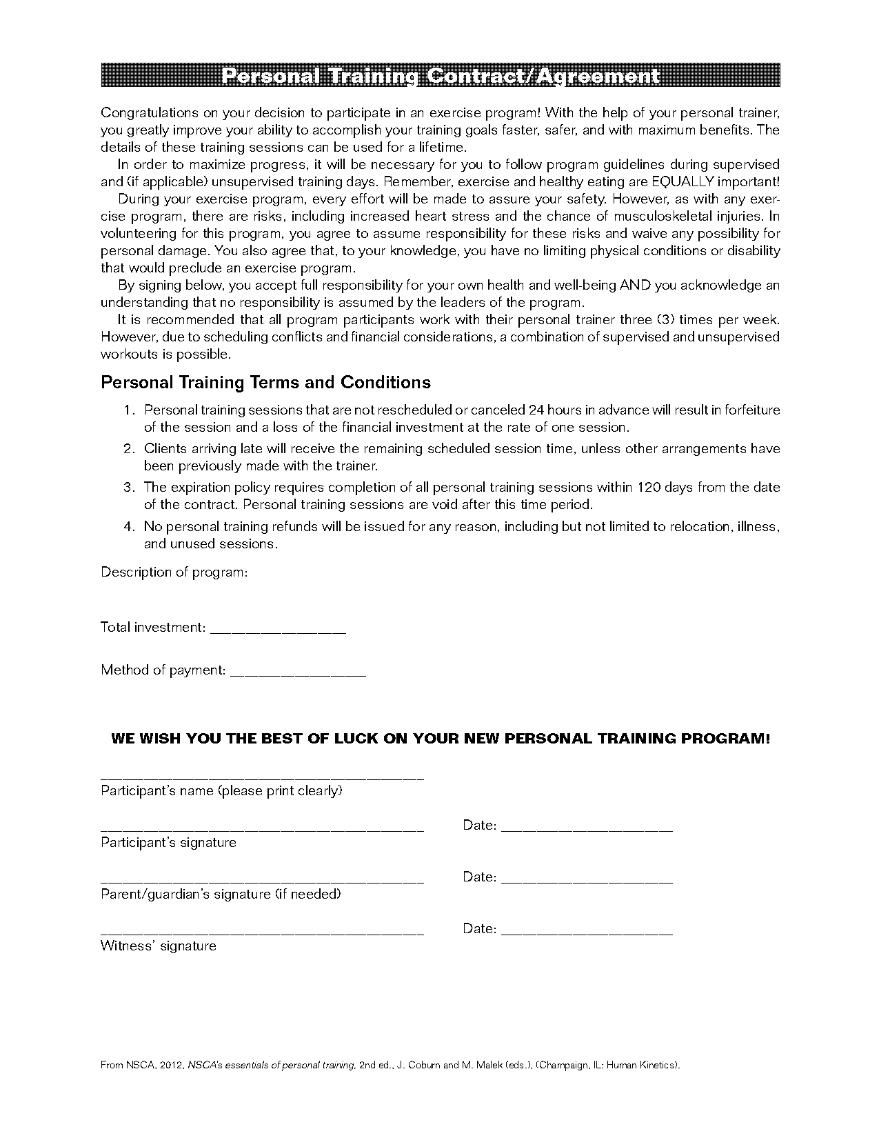 personal trainer contract with gym template