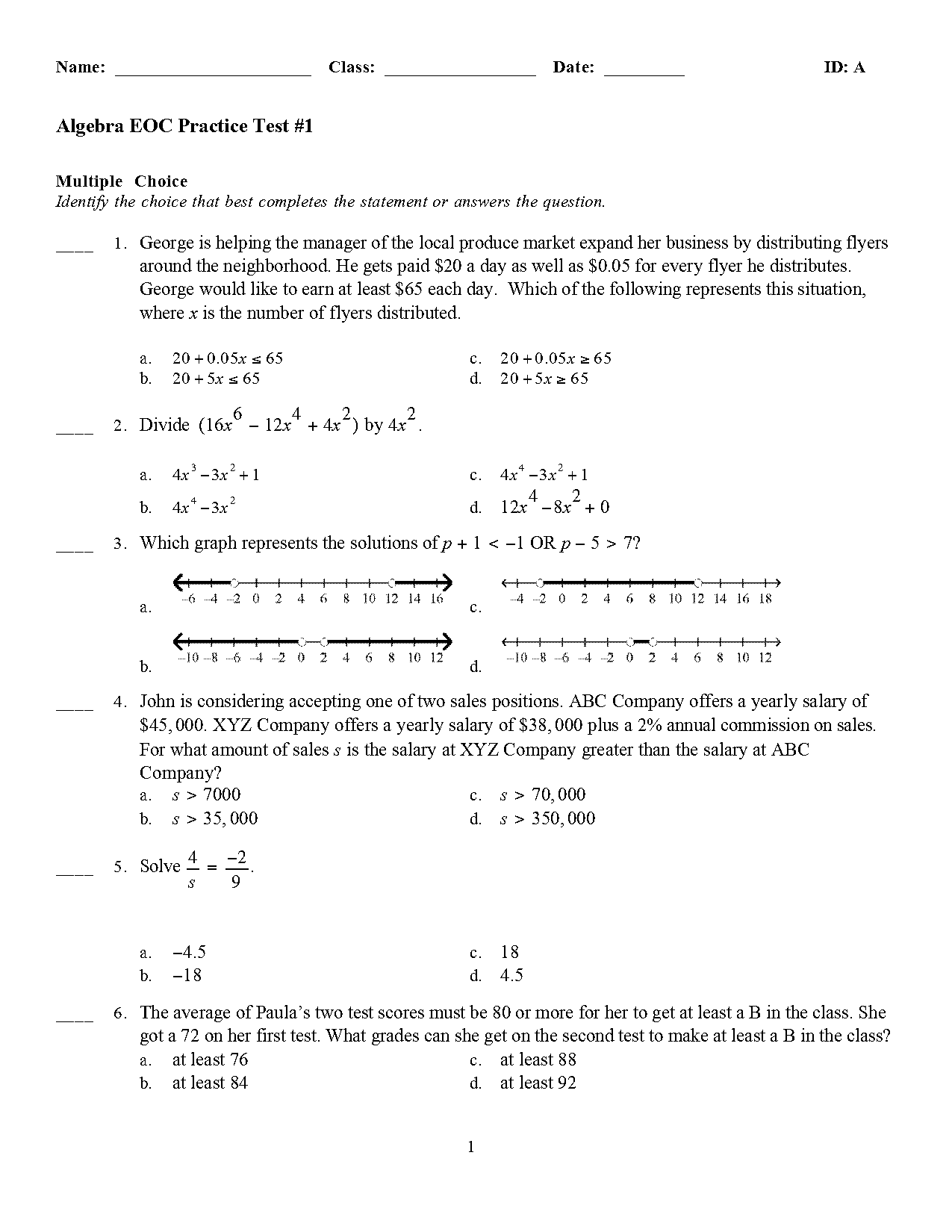 algebra practice questions with answers pdf