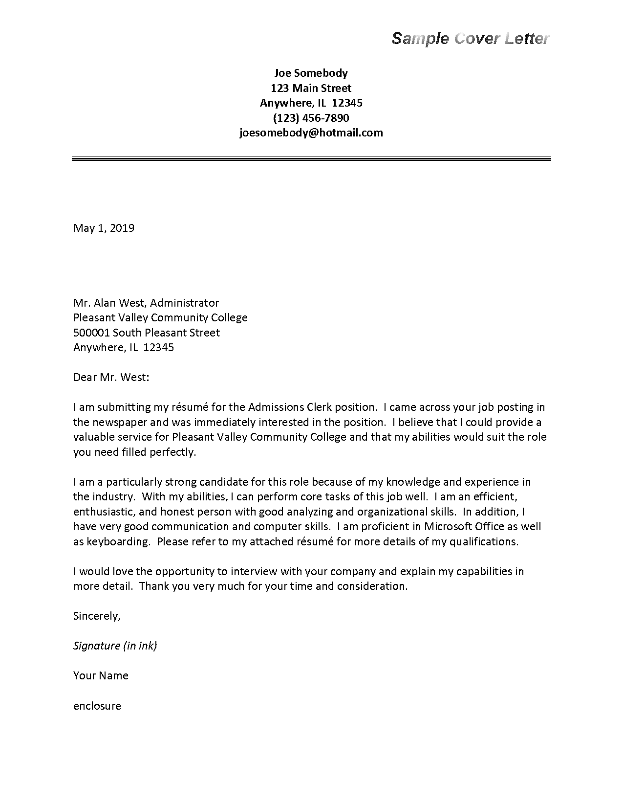 sample cover letter for univeristy clerical