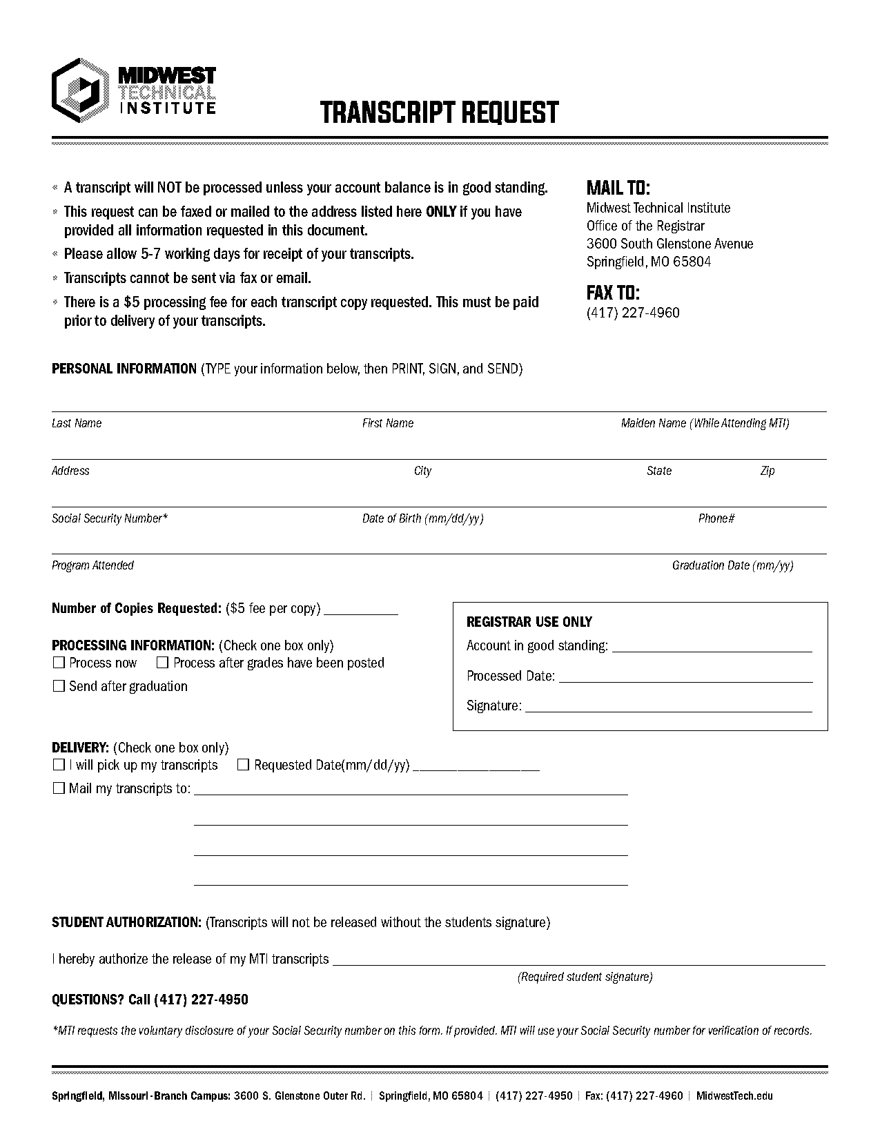 midwest technical institute transcript request