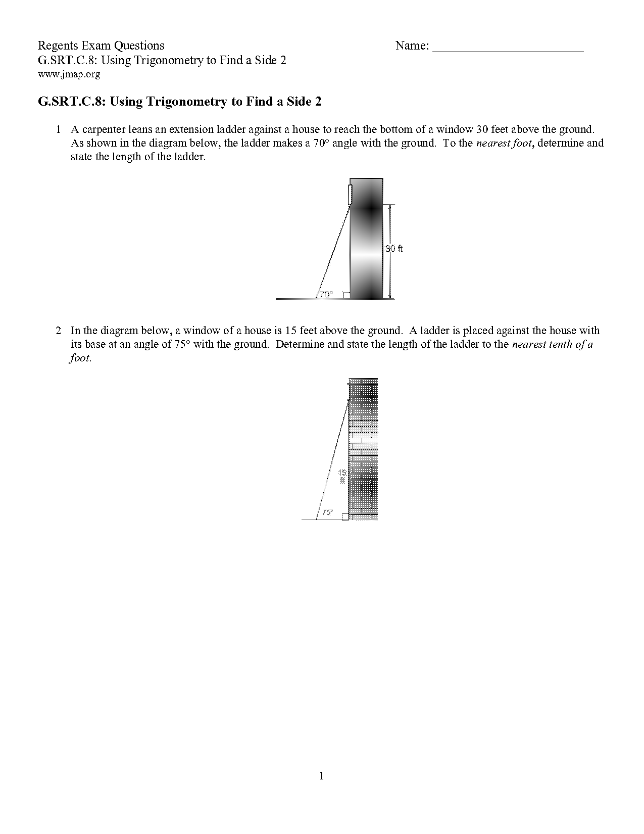 angle of elevation and depression worksheet multiple choice questions