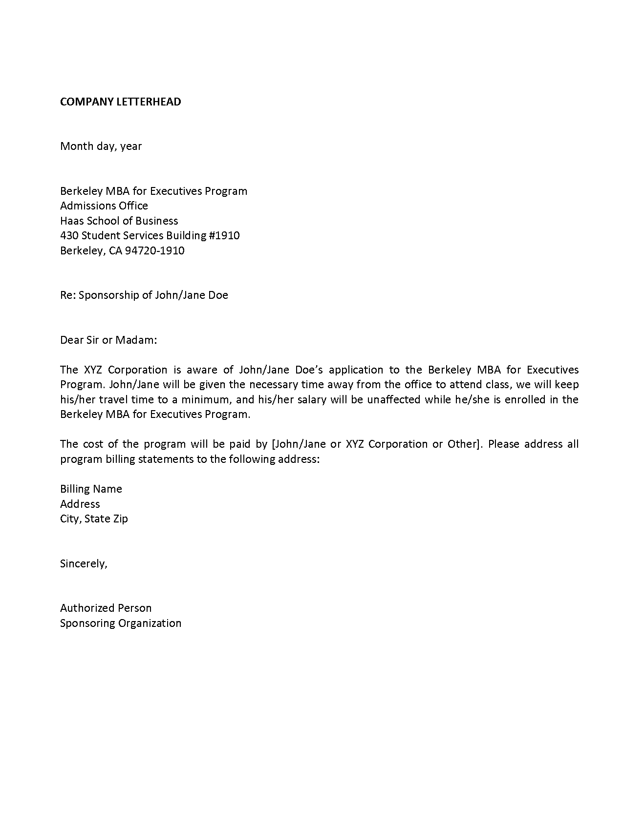 sample sponsorship letter for mba application