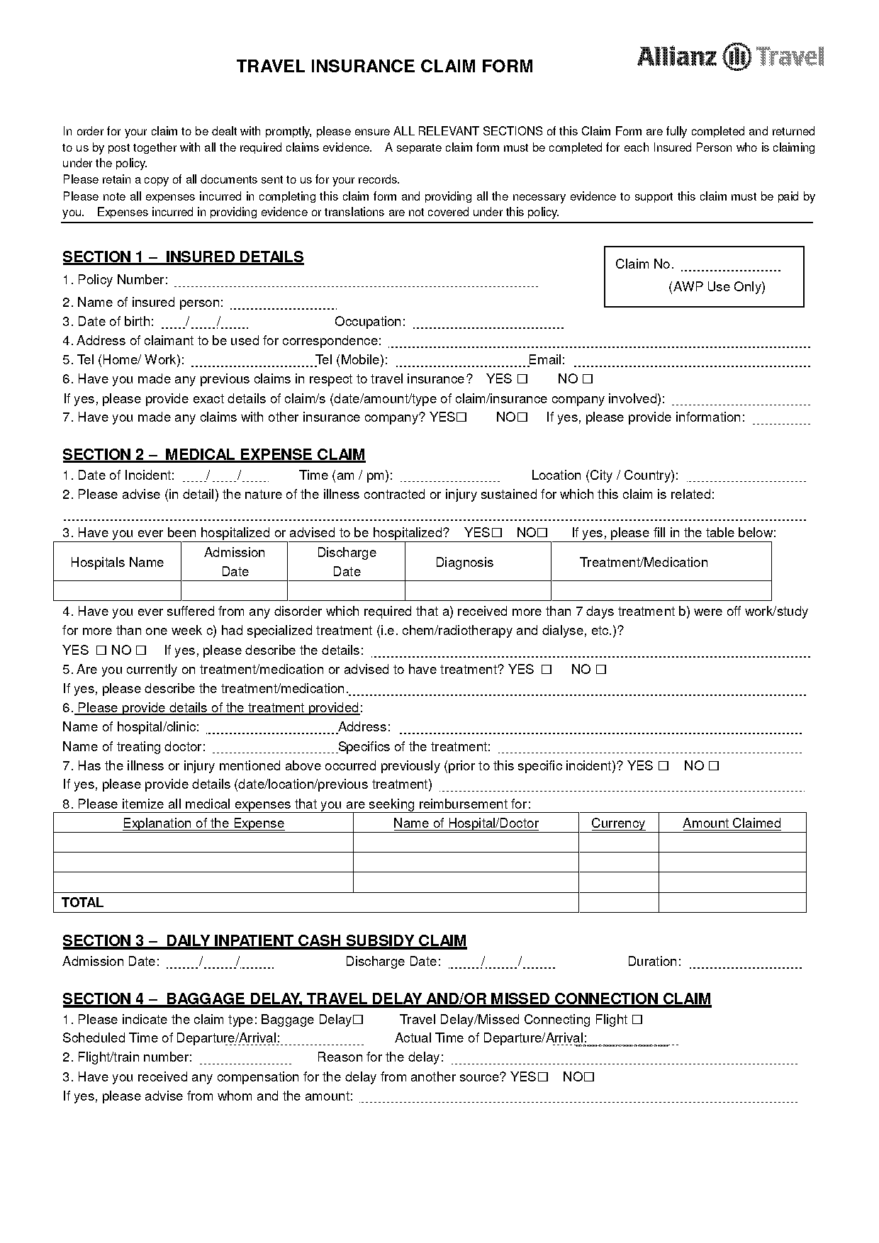 allianz travel claim form pdf