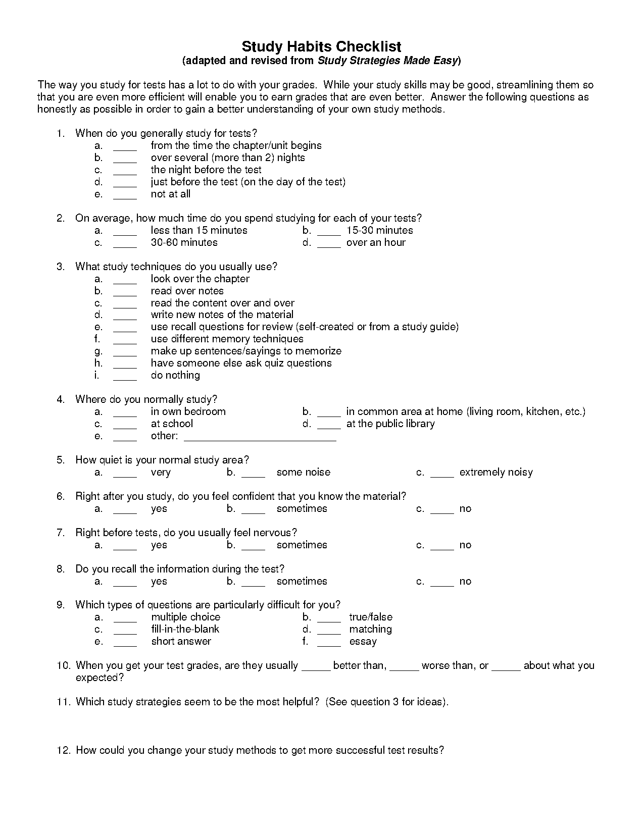 study habits and skills checklist