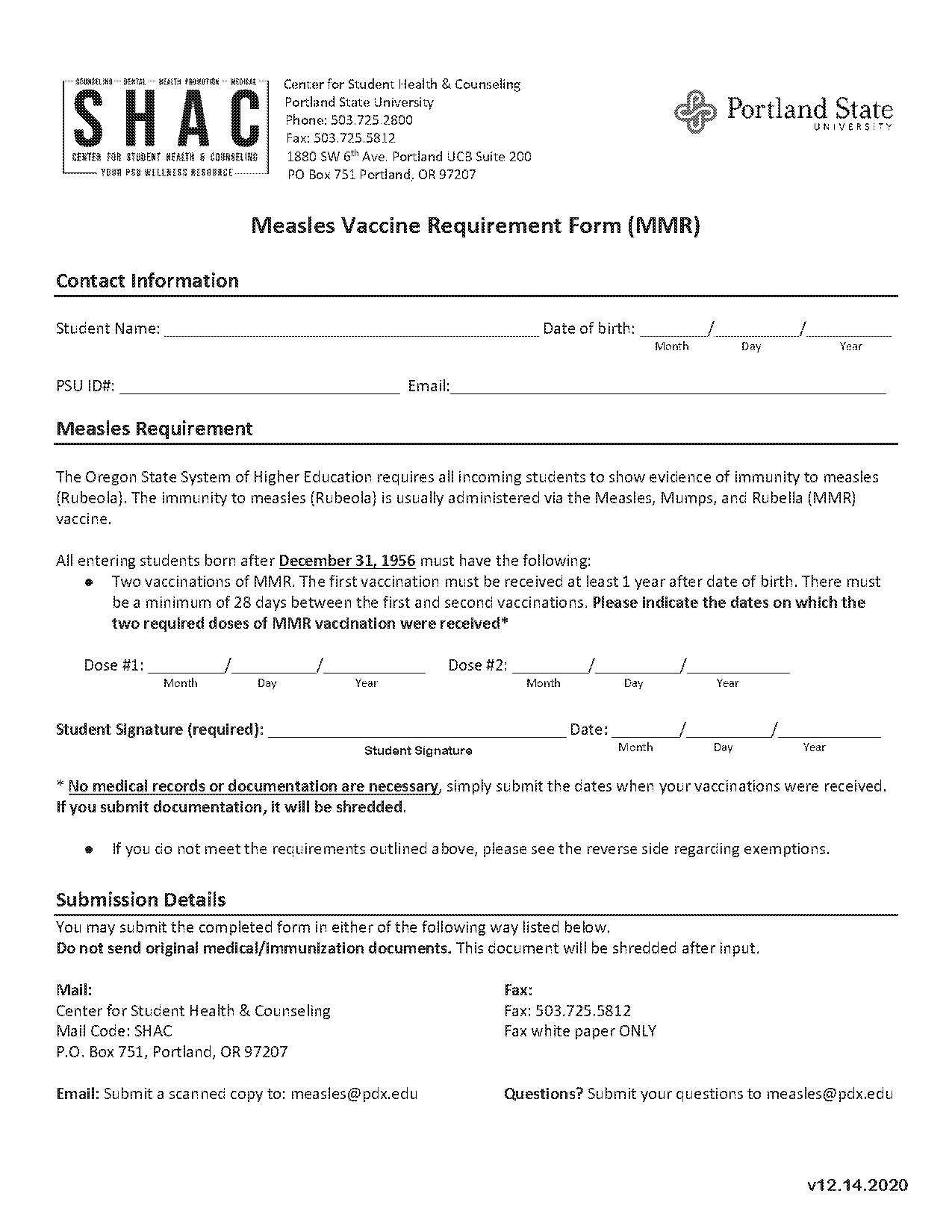 portland staet university measles form