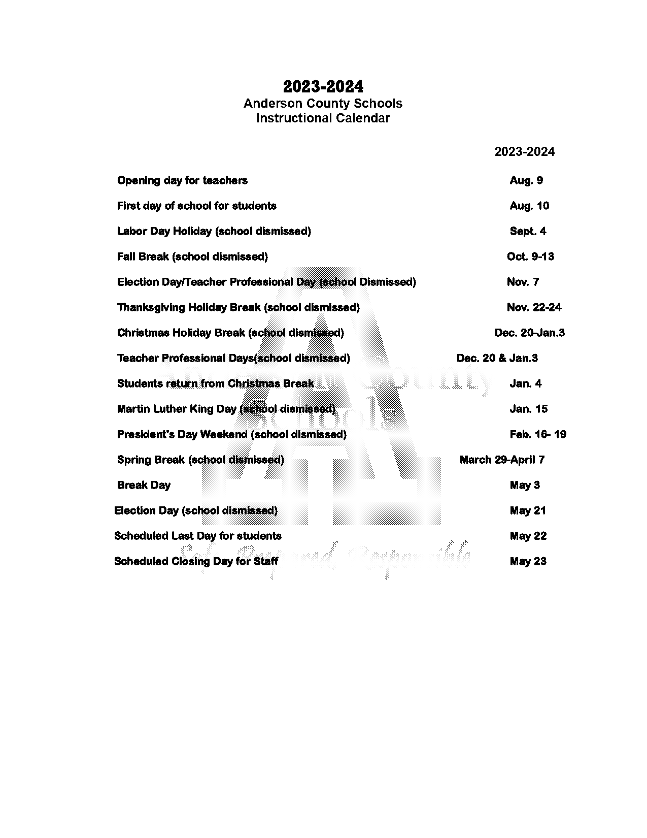 anderson county school district schedule