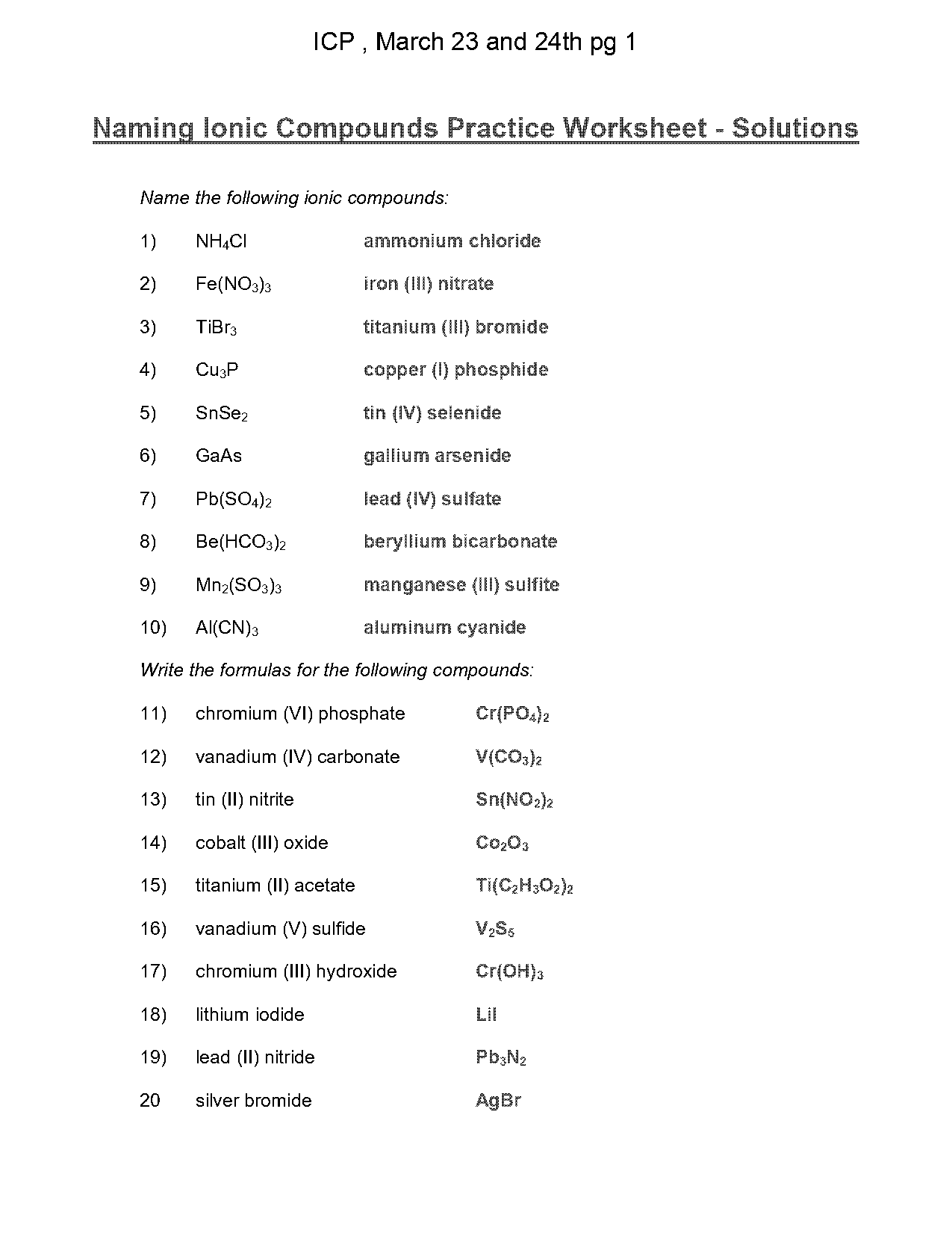 ionic worksheet additional practice