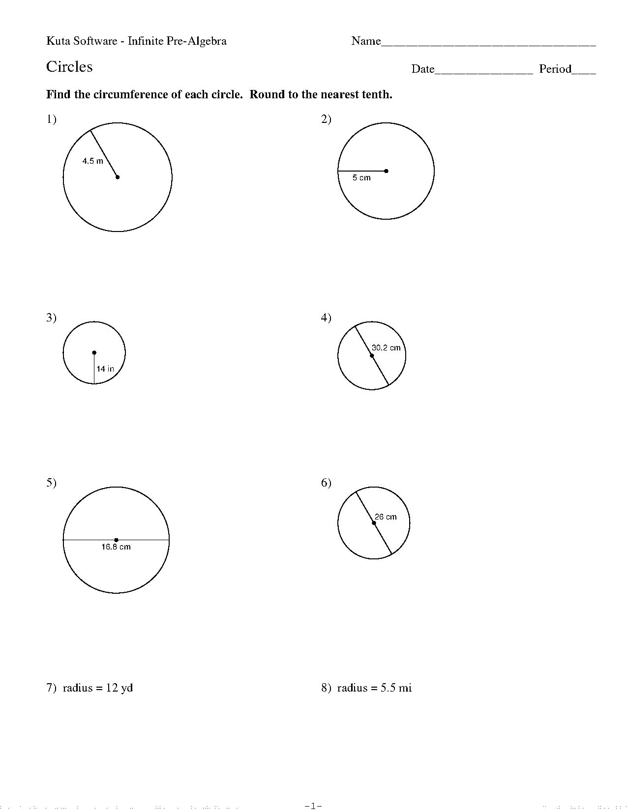 circumference and area of a circle worksheet kuta